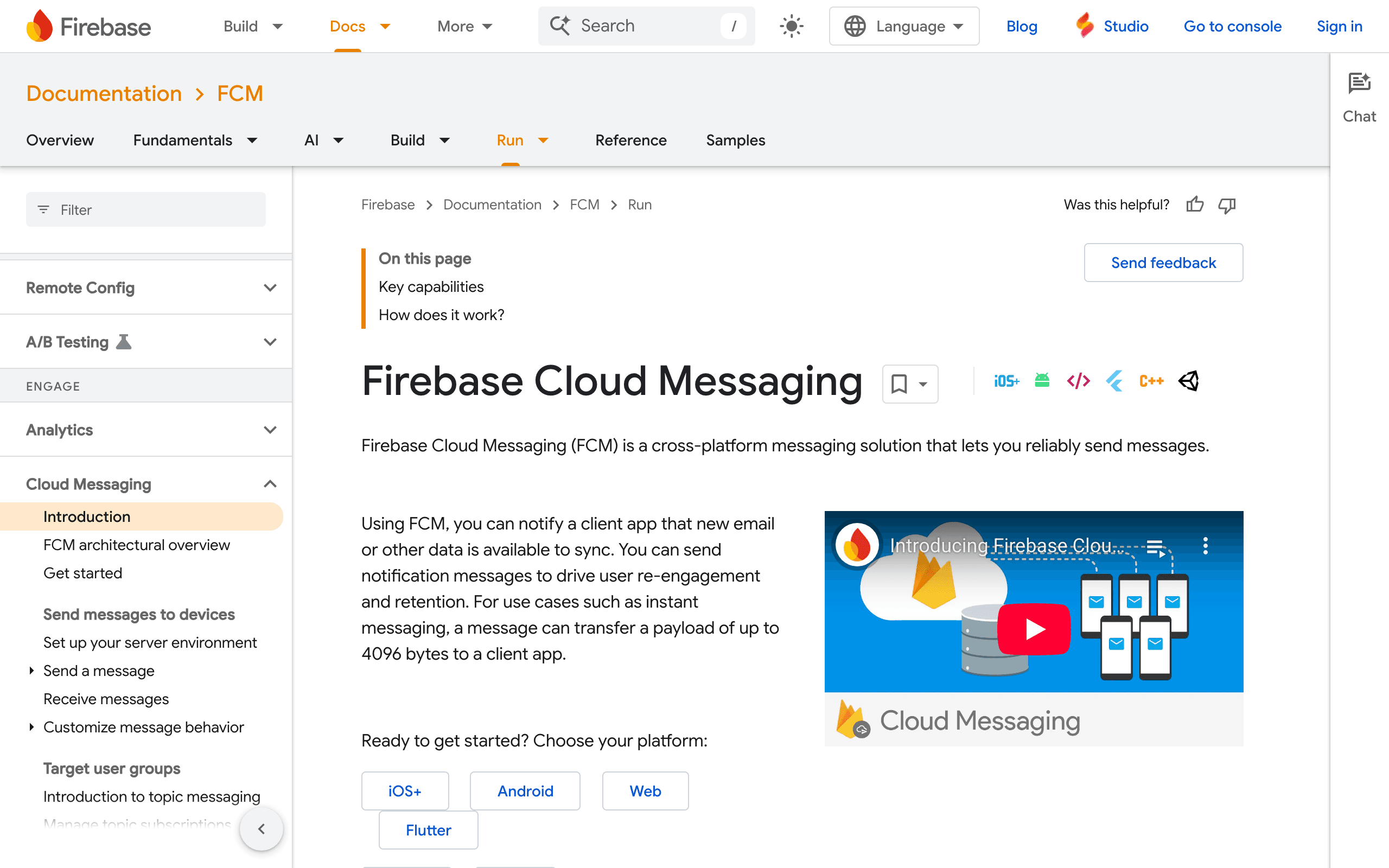 Firebase Cloud Messaging landing page screenshot