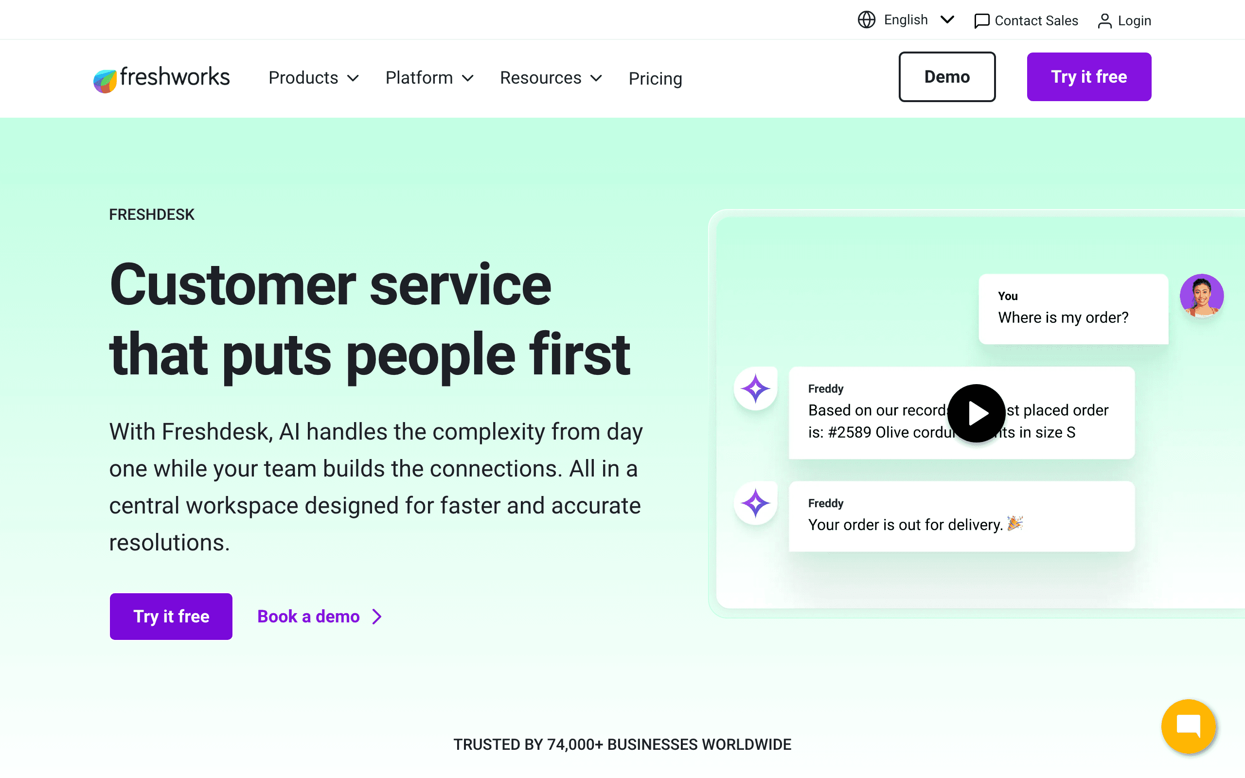Freshdesk landing page screenshot