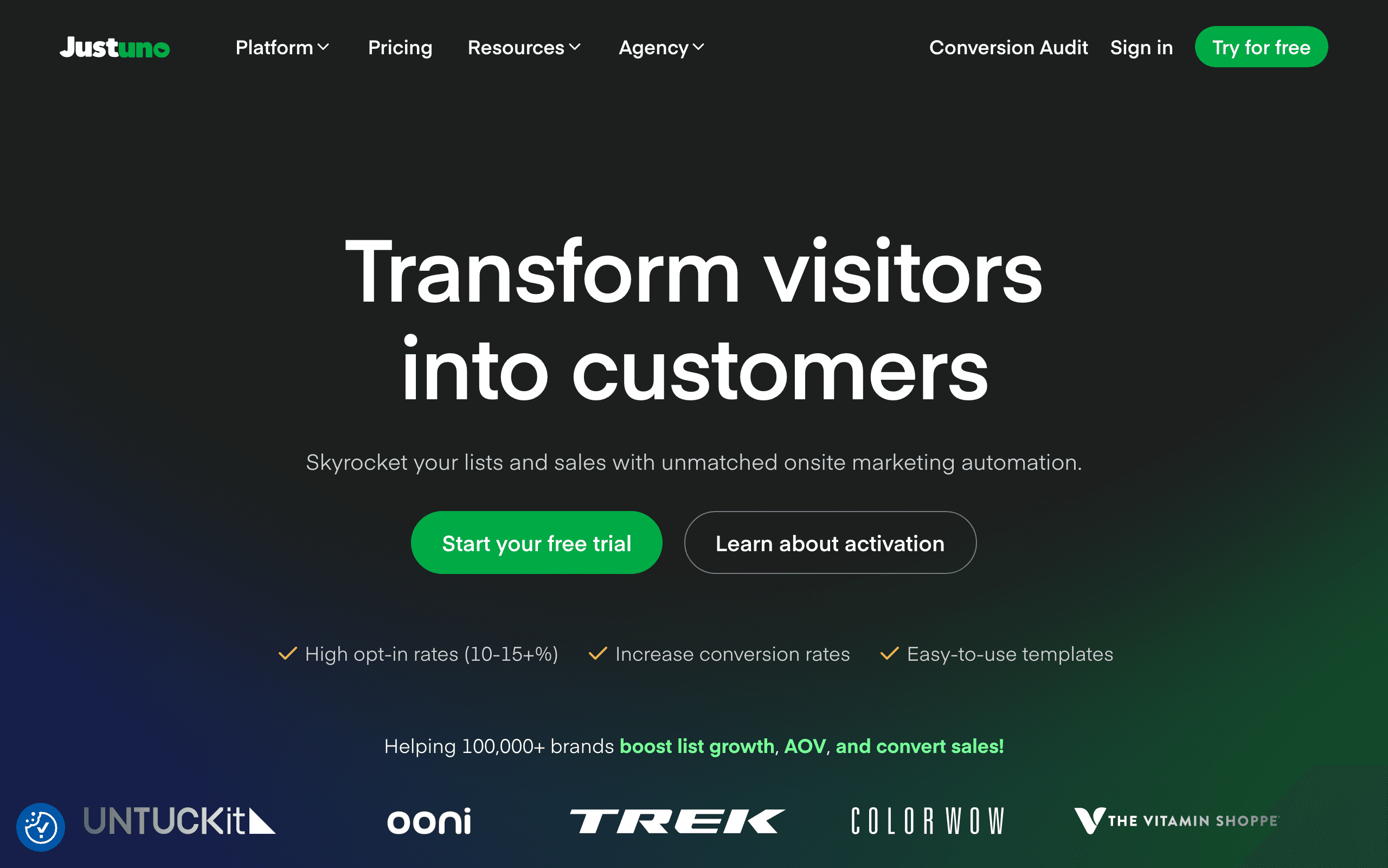 Justuno landing page screenshot