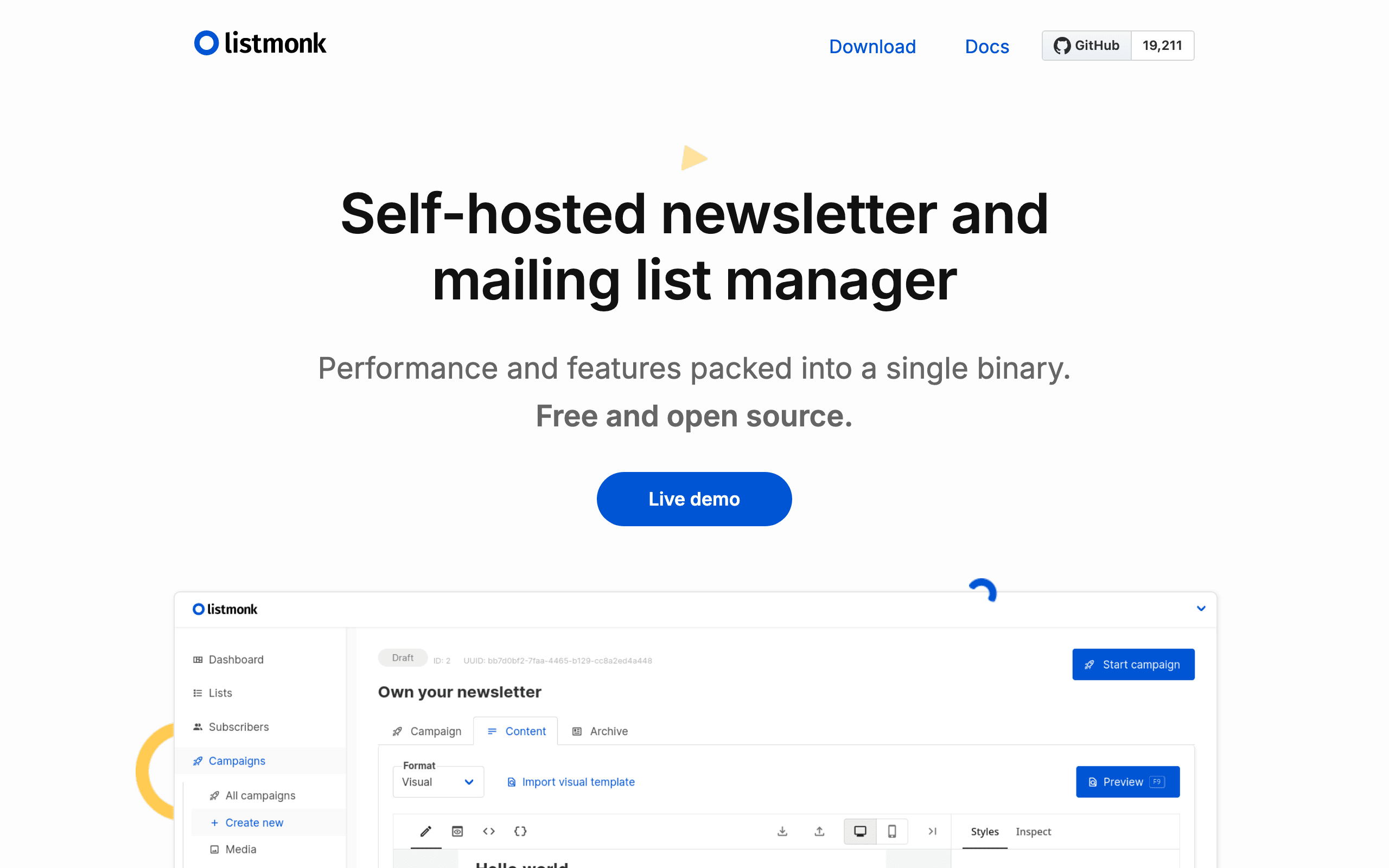 Listmonk landing page screenshot