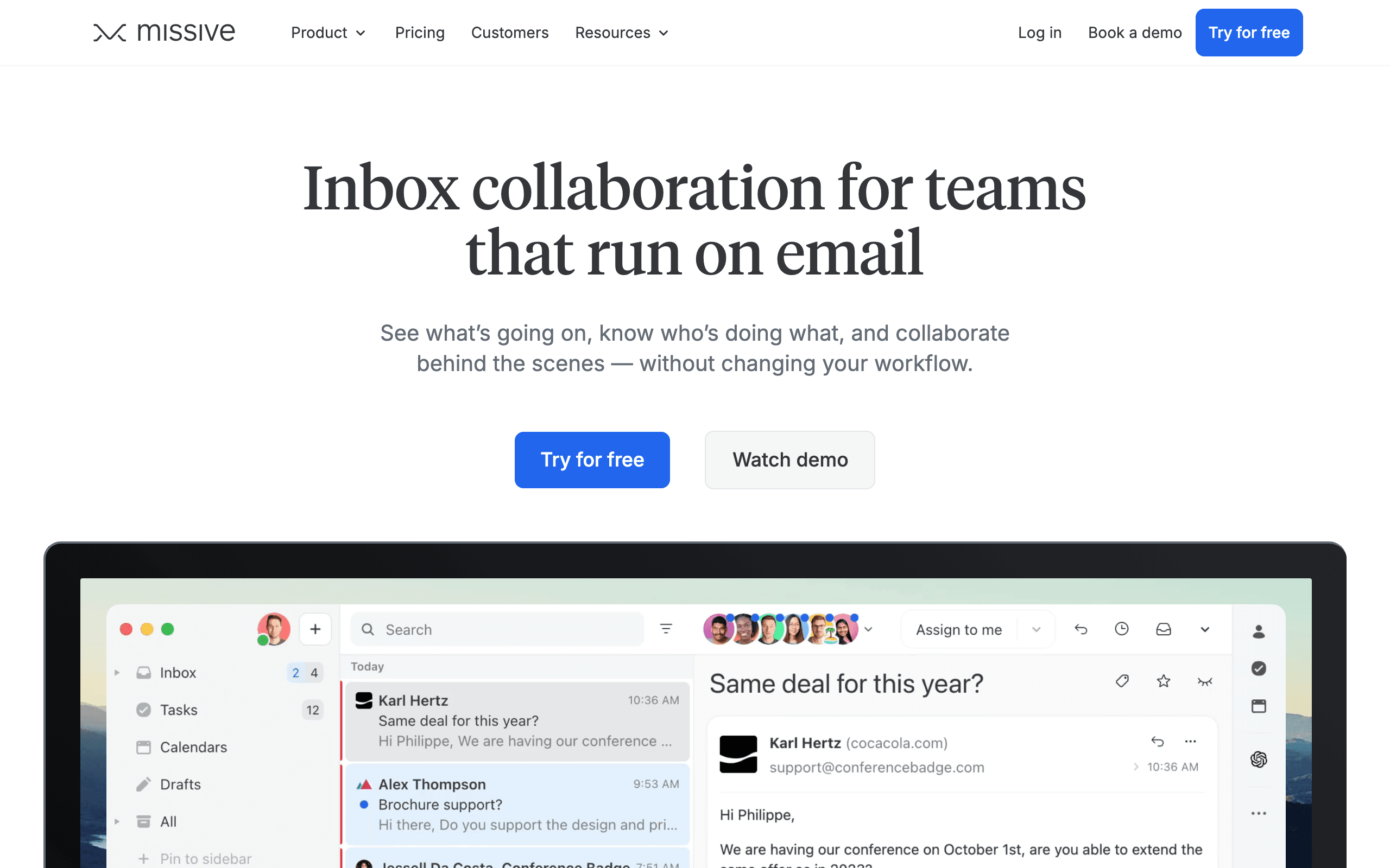 Missive landing page screenshot