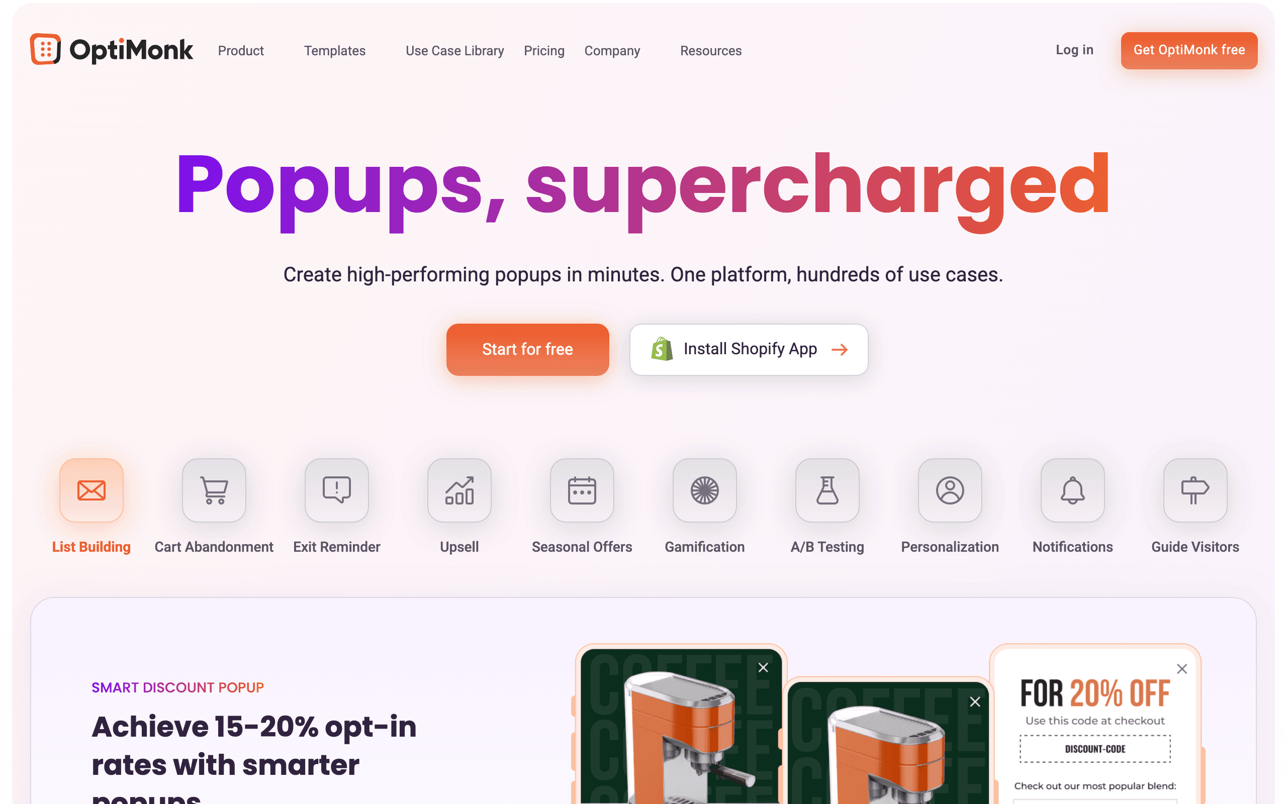 OptiMonk landing page screenshot