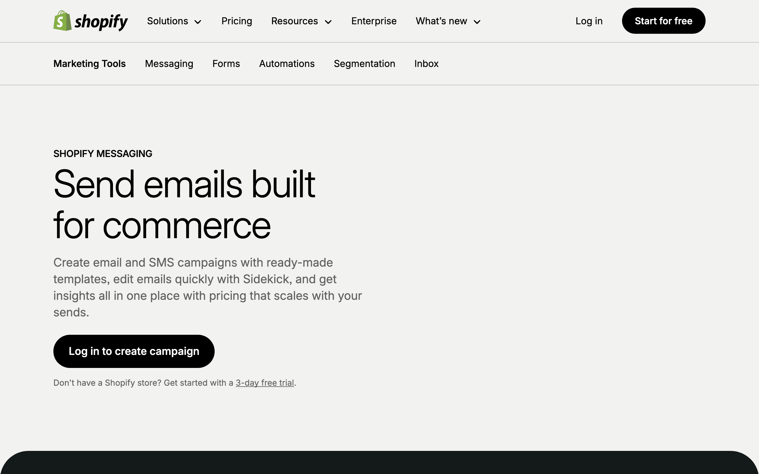 Shopify Email landing page screenshot