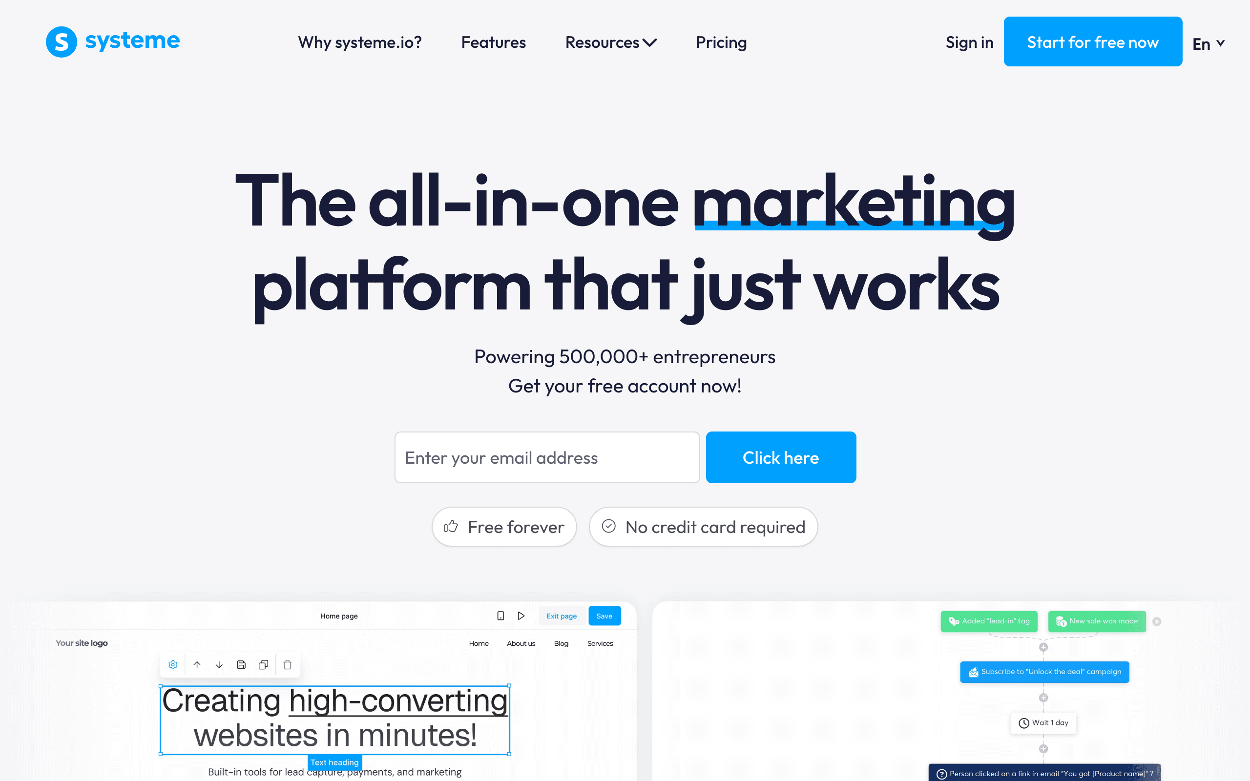Systeme.io landing page screenshot