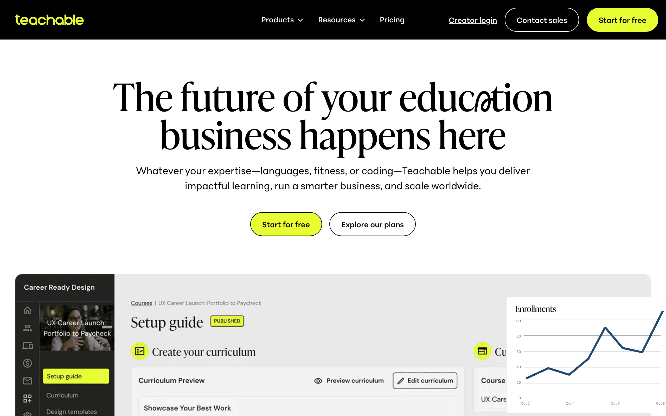 Teachable landing page screenshot