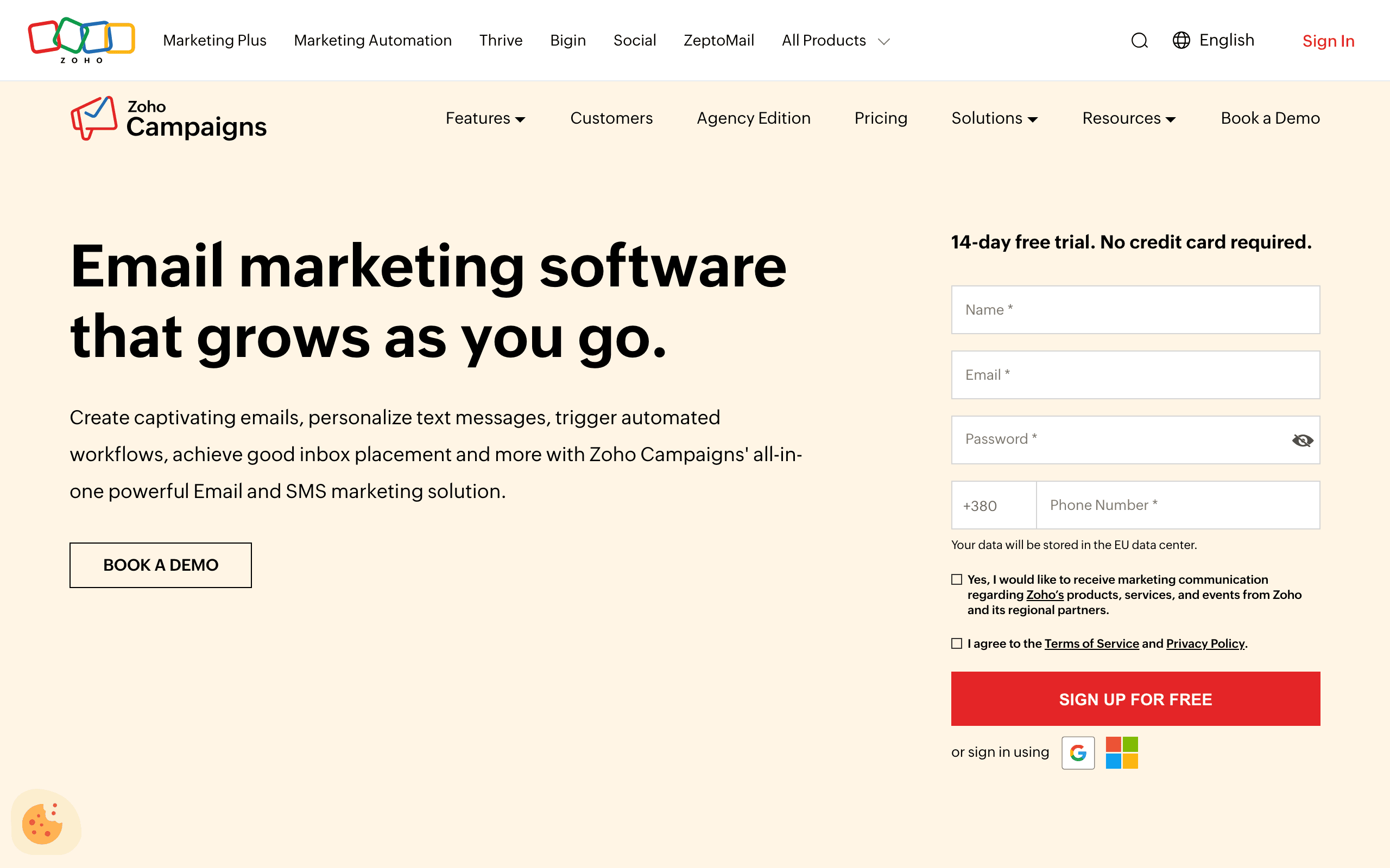 Zoho Campaigns landing page screenshot
