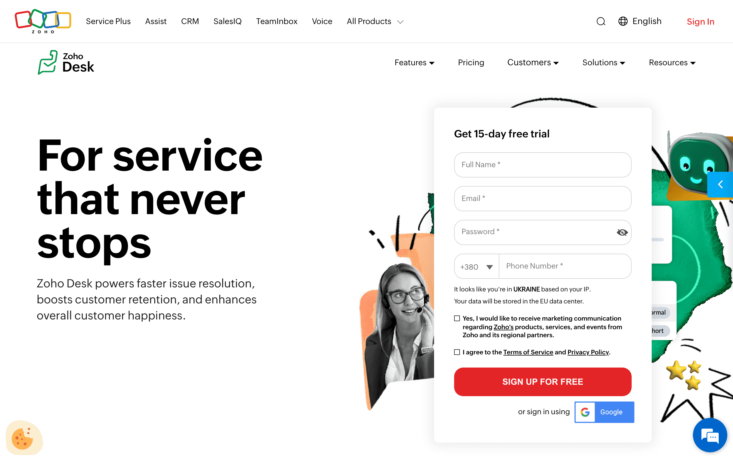 Zoho Desk landing page screenshot