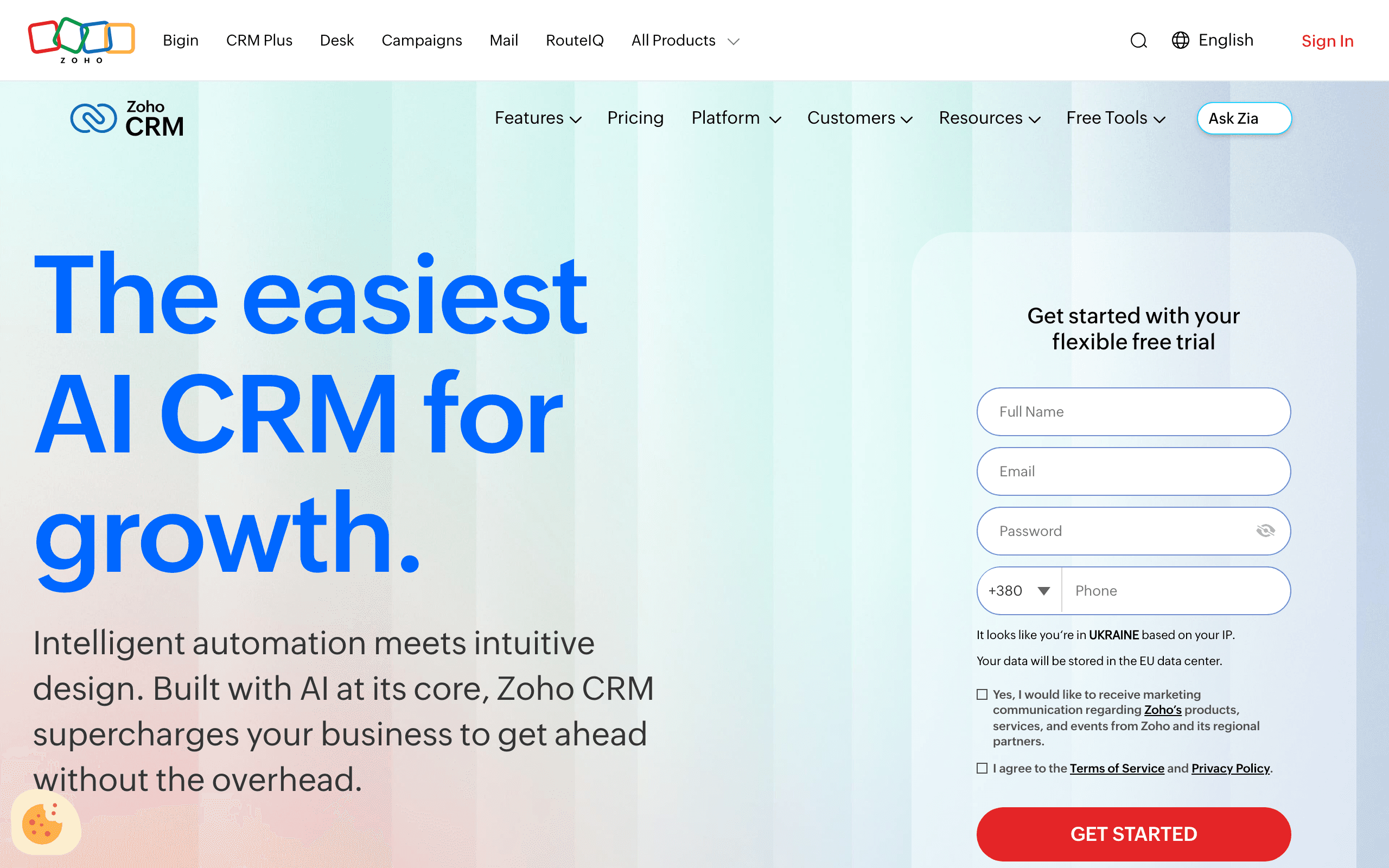 Zoho CRM landing page screenshot