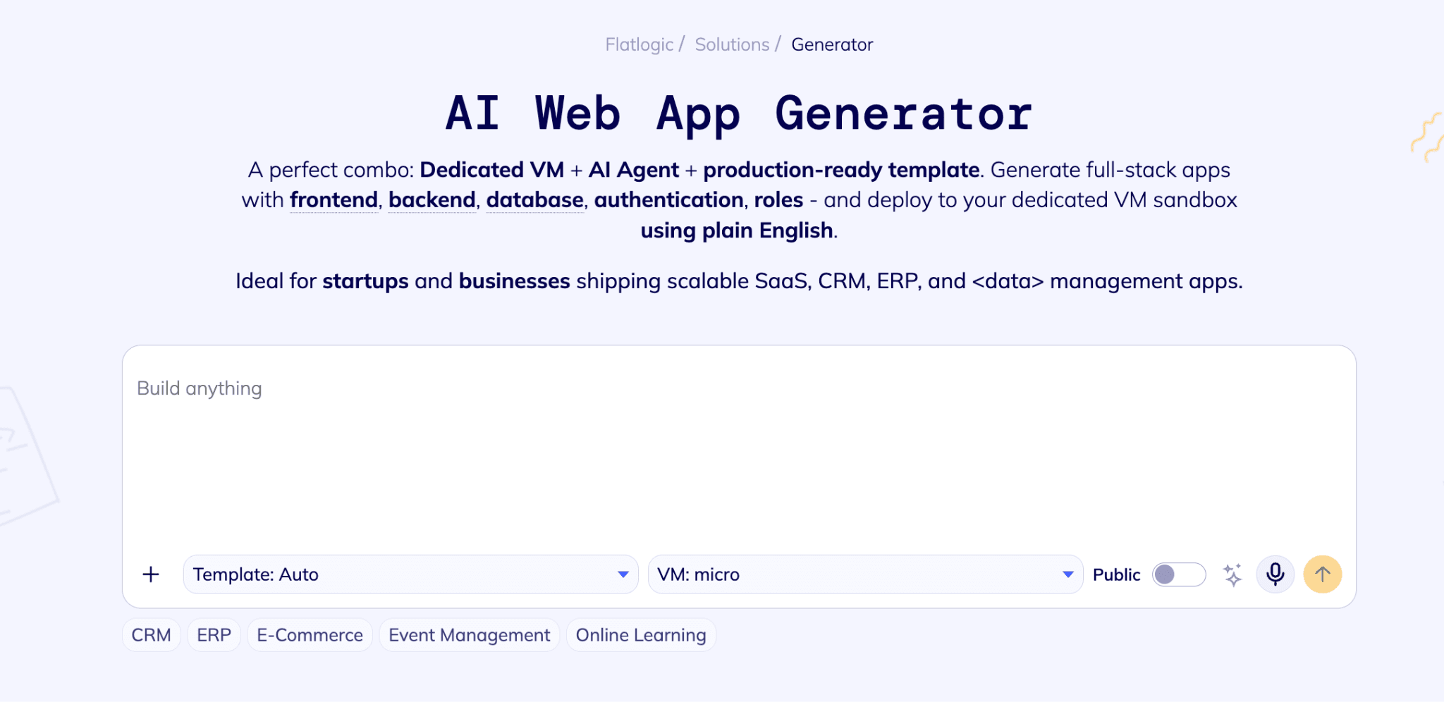 Flatlogic AI web app generator interface for building SaaS admin panels