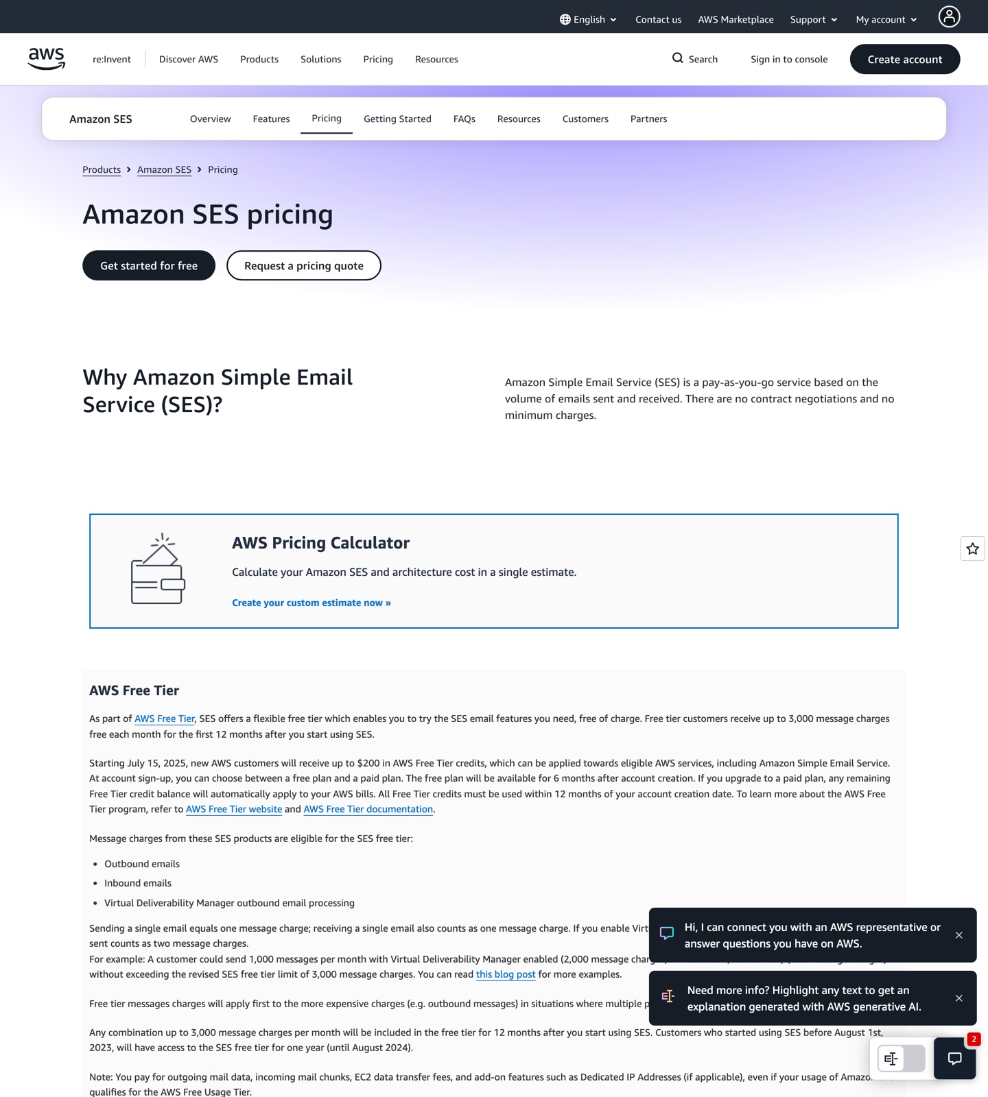 Amazon SES pricing page