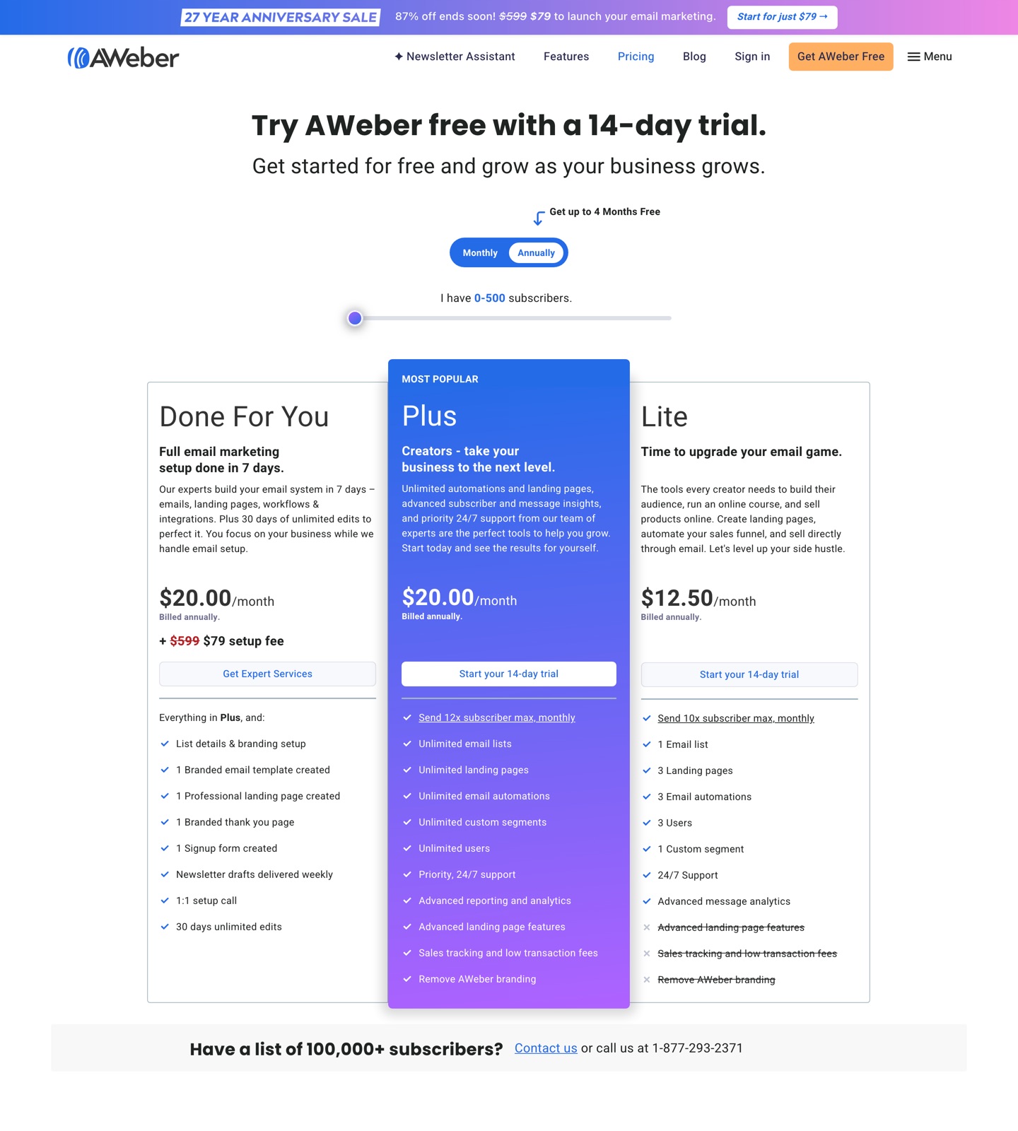 AWeber pricing page
