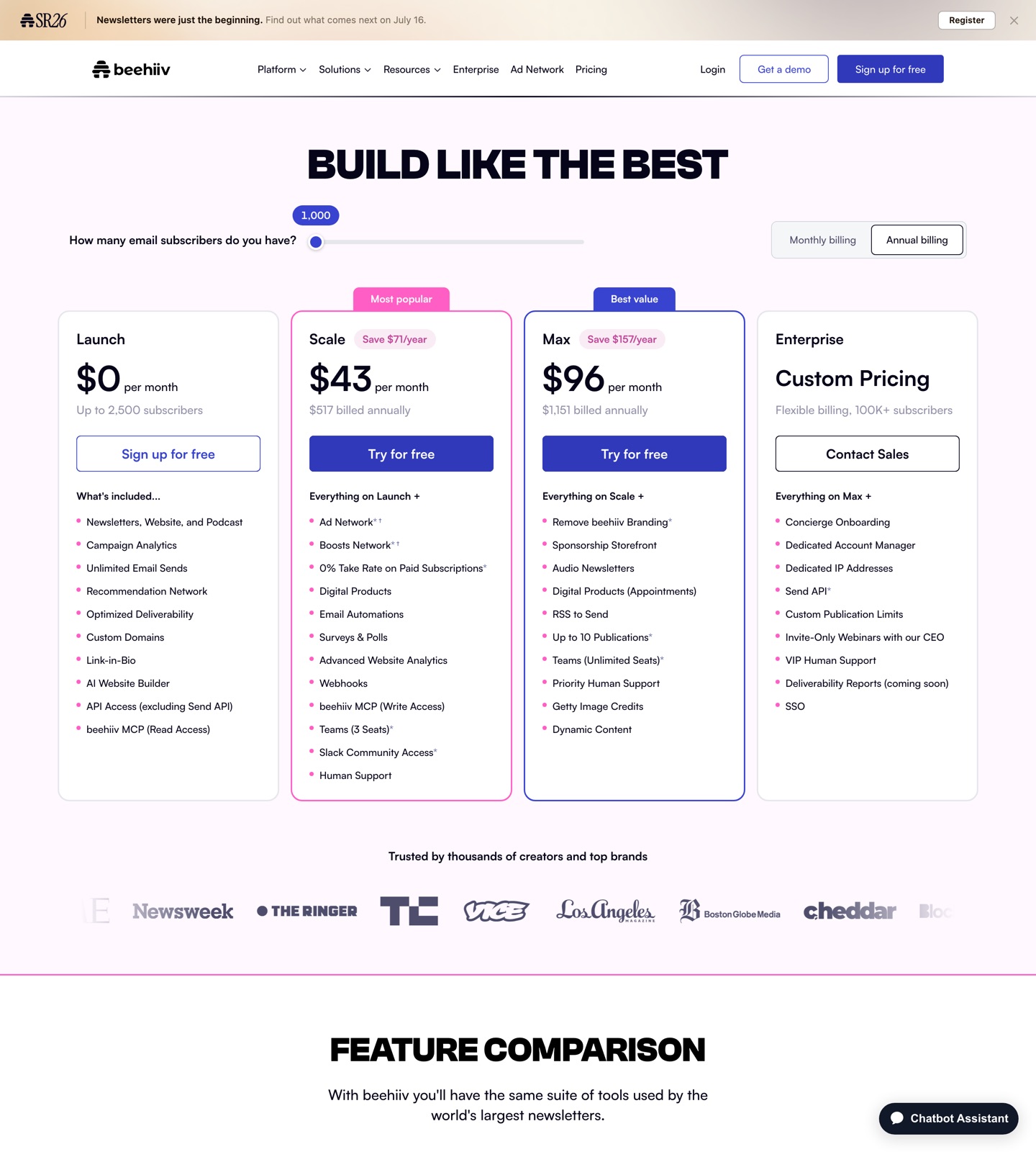 beehiiv pricing page
