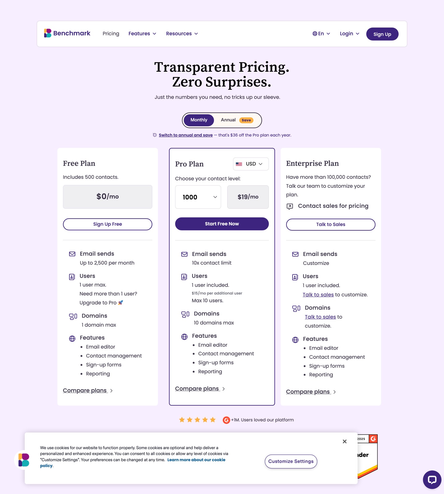 Benchmark Email pricing page