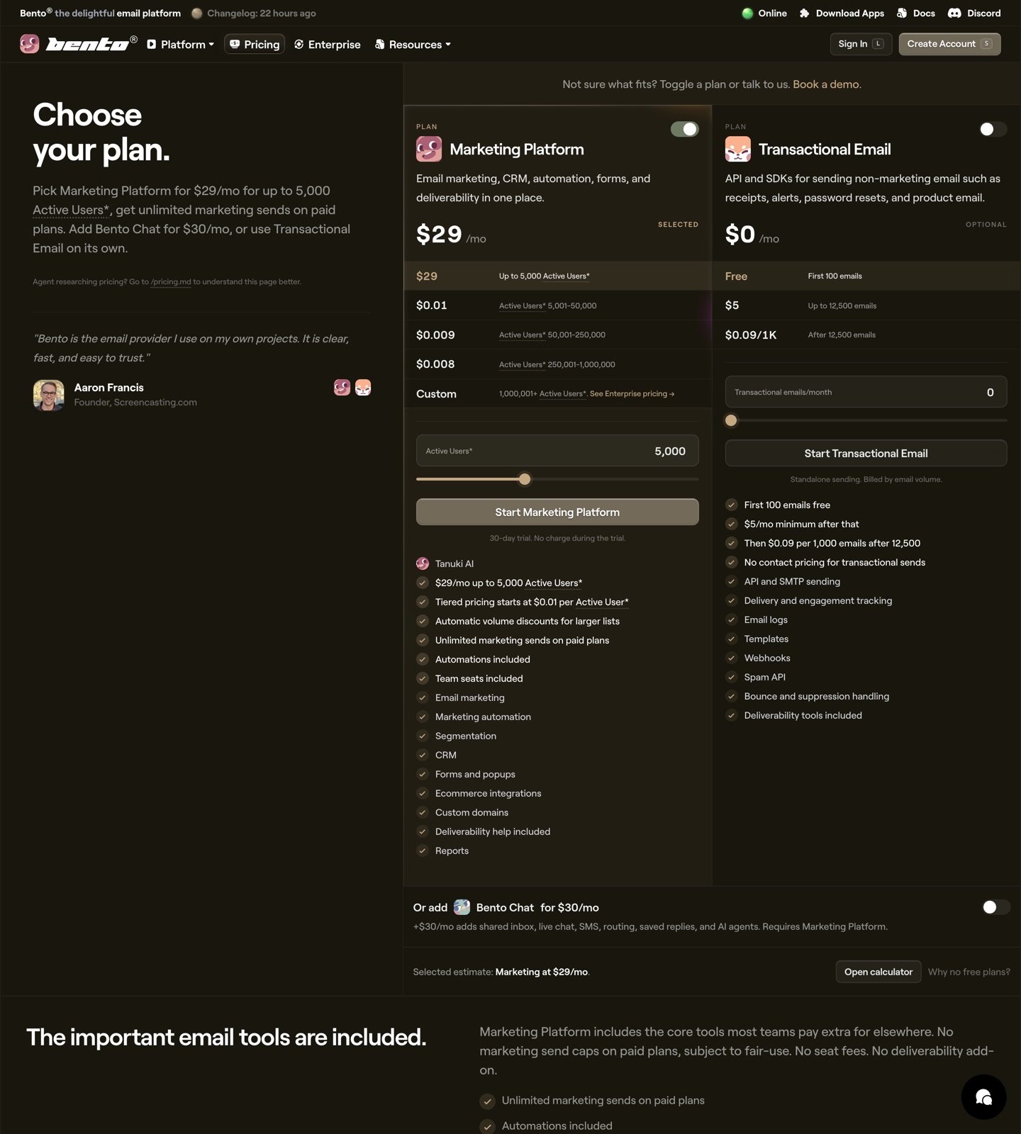 Bento pricing page