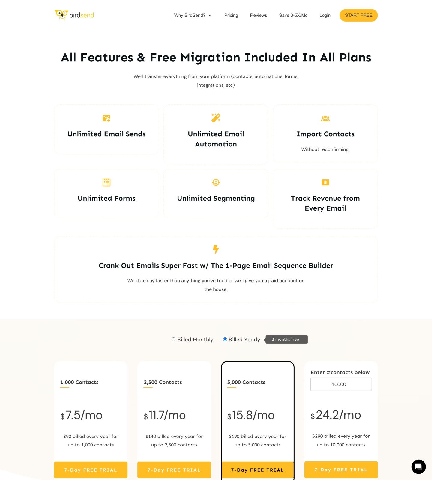 BirdSend pricing page