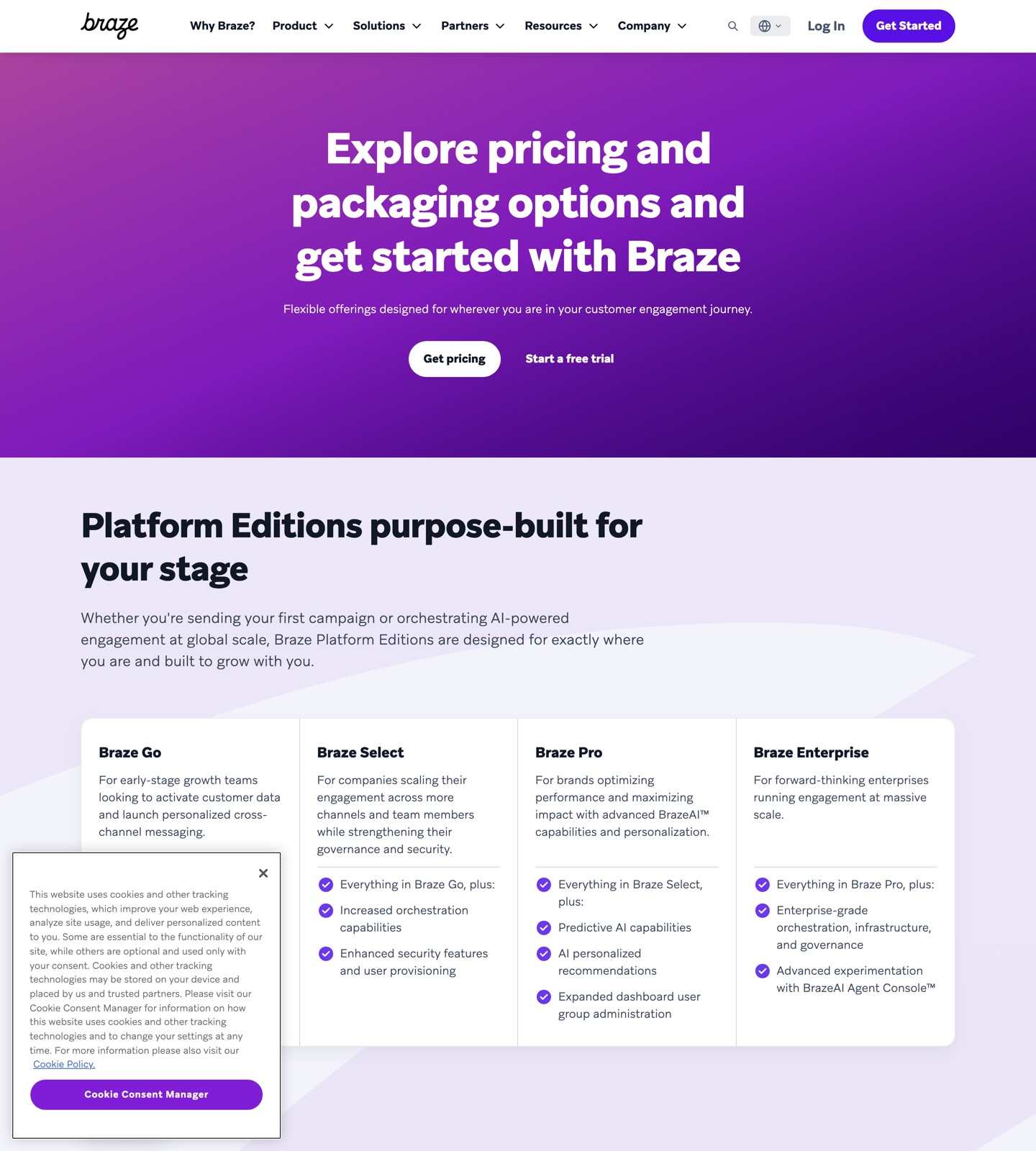 Braze pricing page