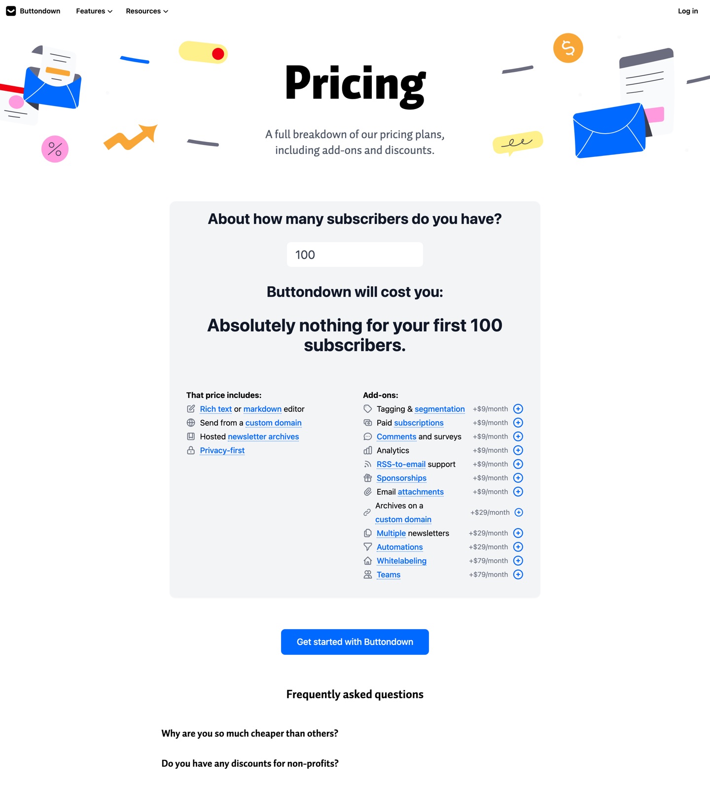 Buttondown pricing page