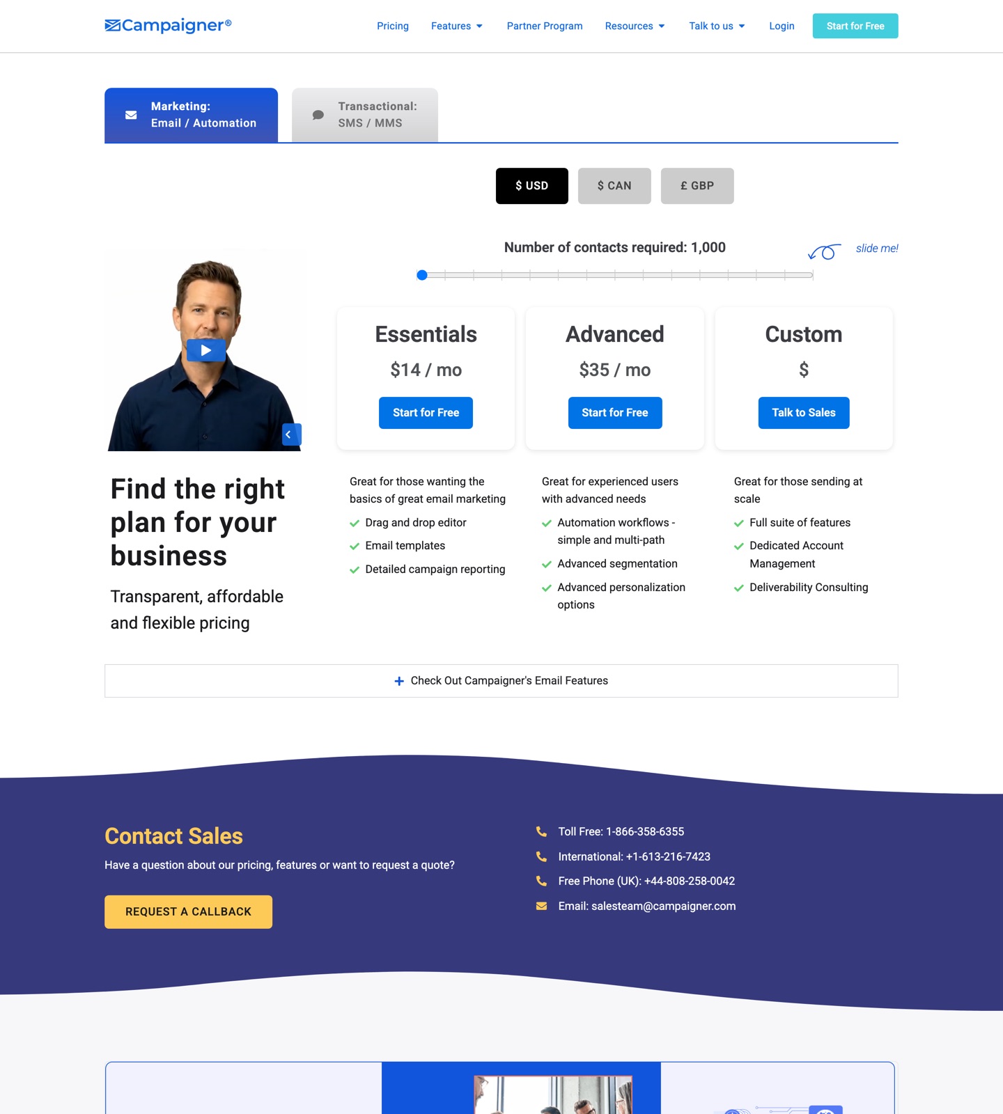 Campaigner pricing page