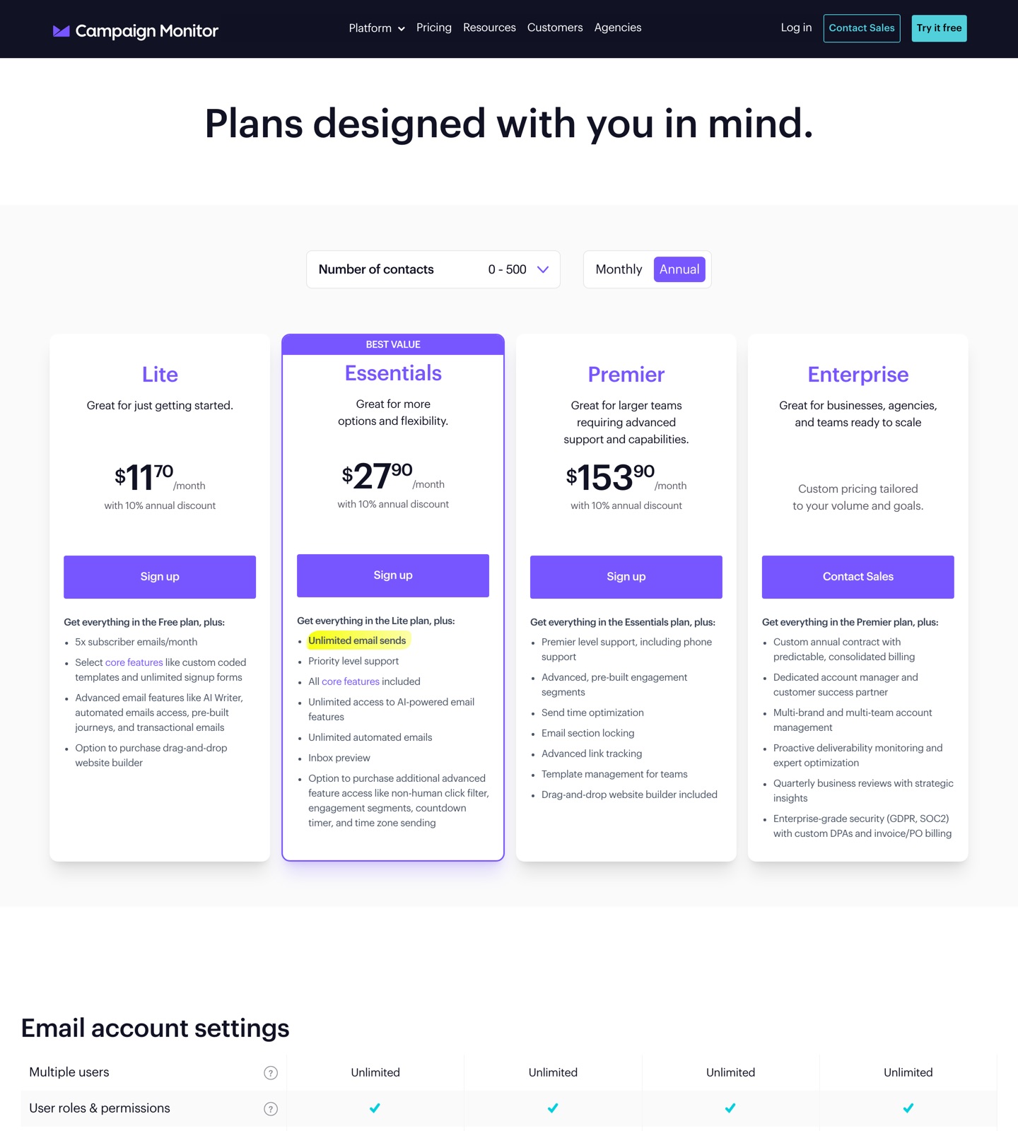 Campaign Monitor pricing page