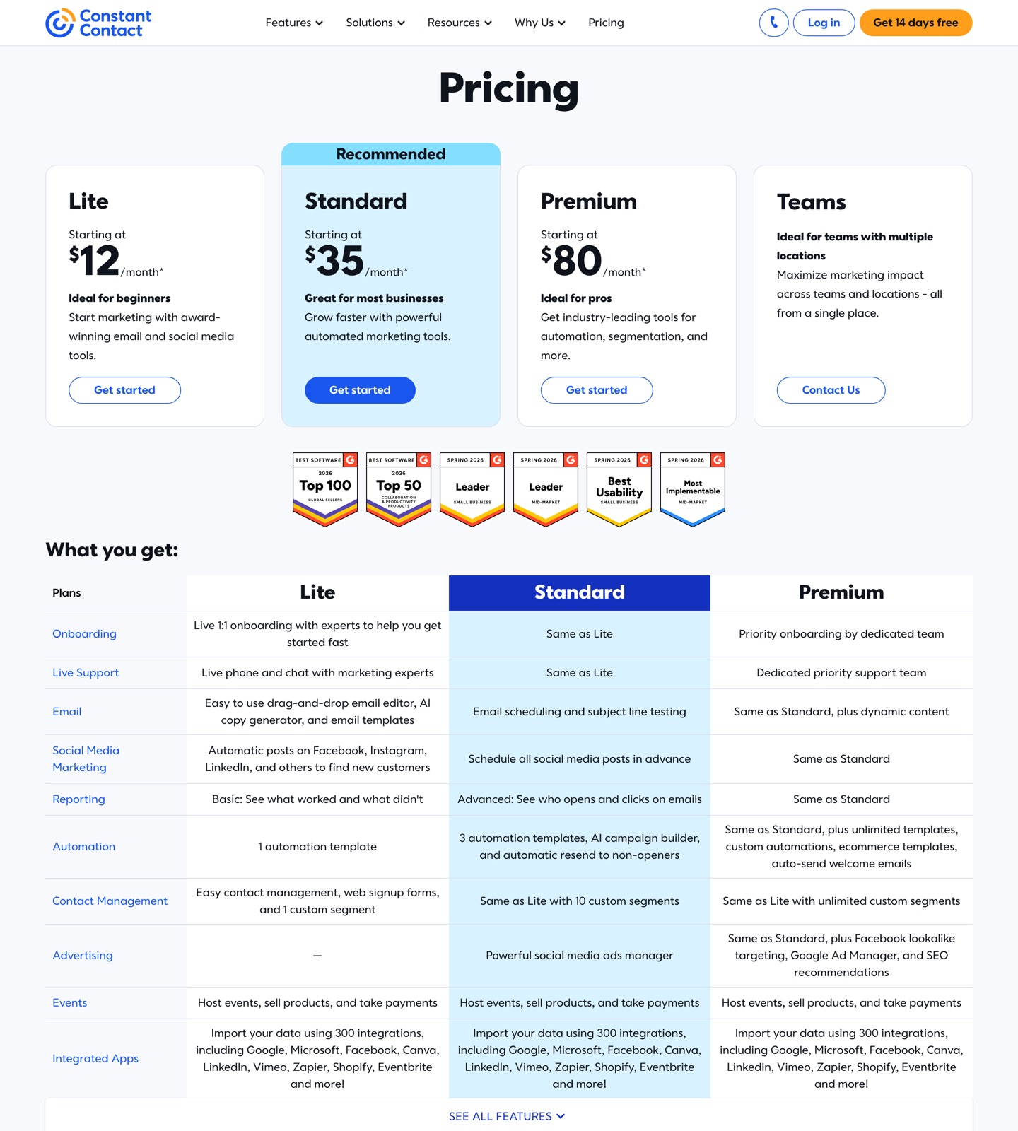 Constant Contact pricing page
