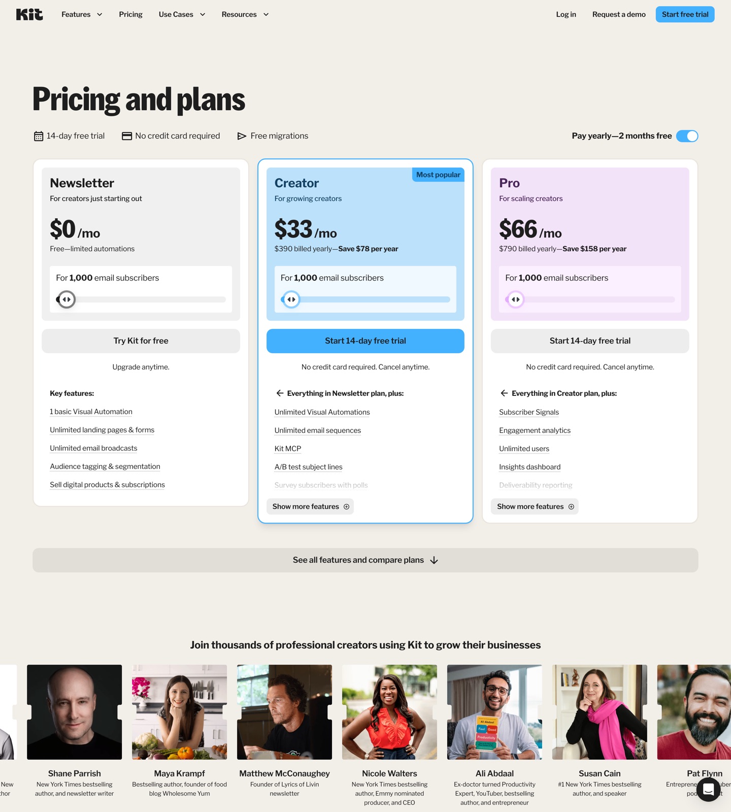 Kit pricing page