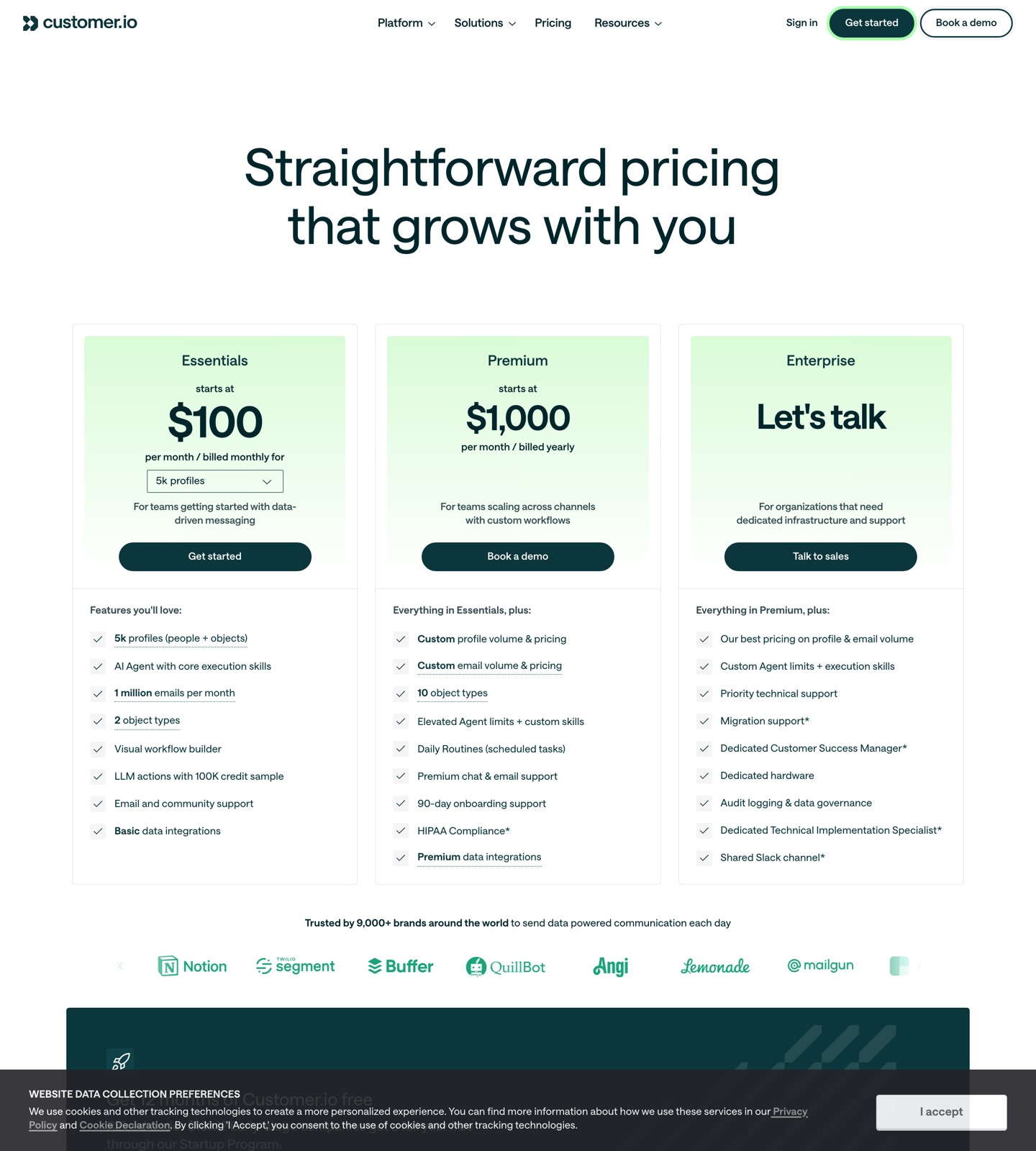 Customer.io pricing page