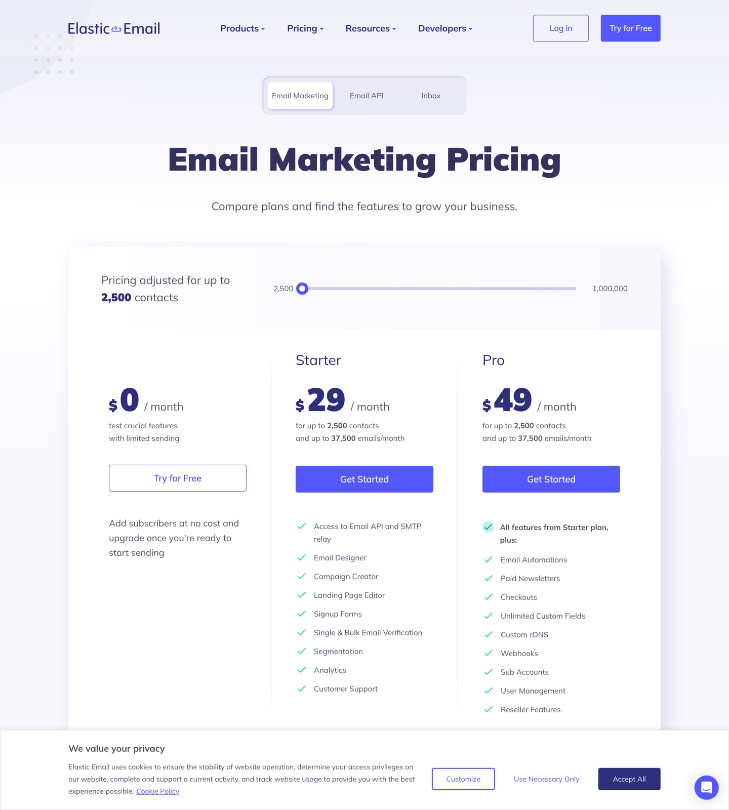 Elastic Email pricing page