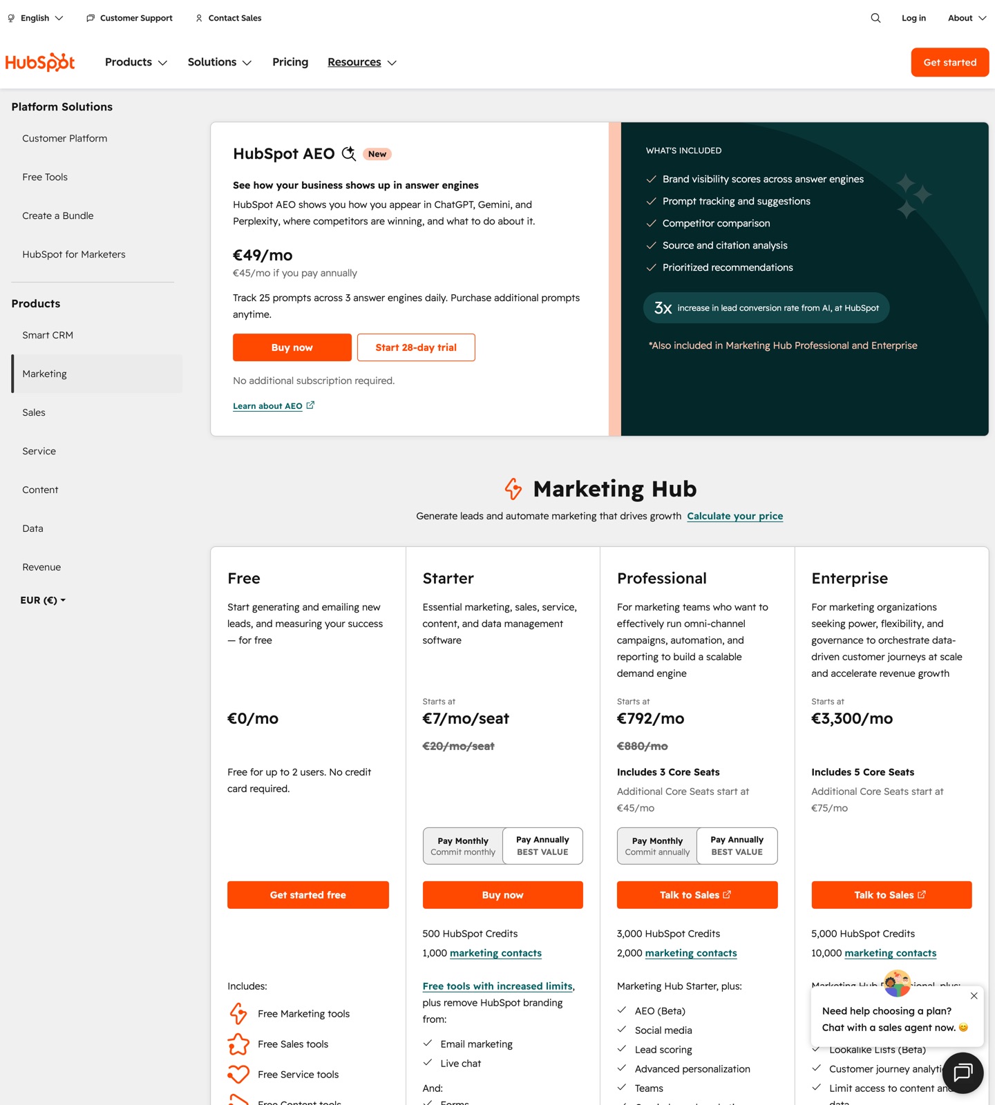 HubSpot pricing page
