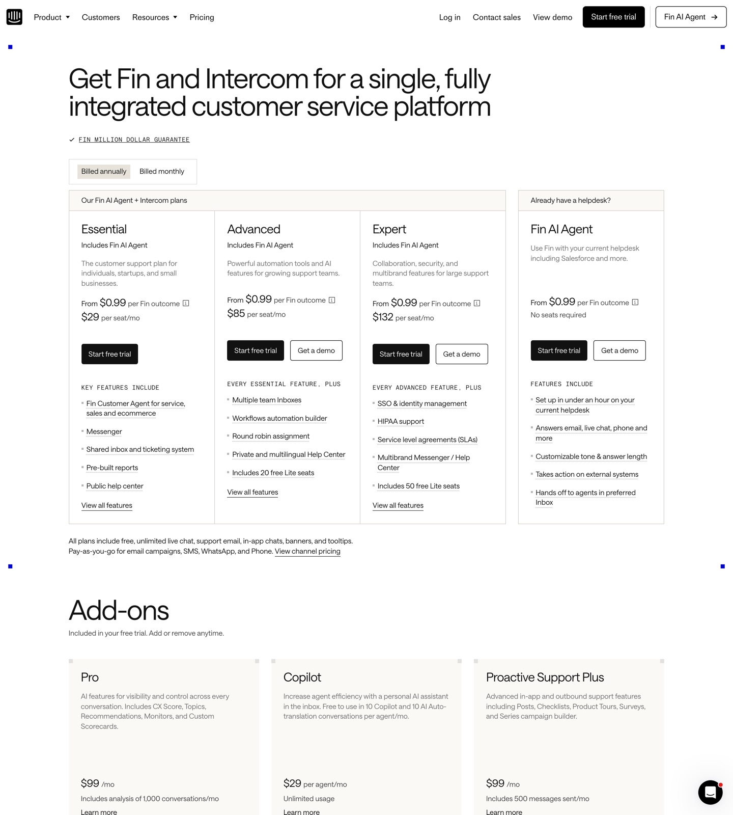 Intercom pricing page