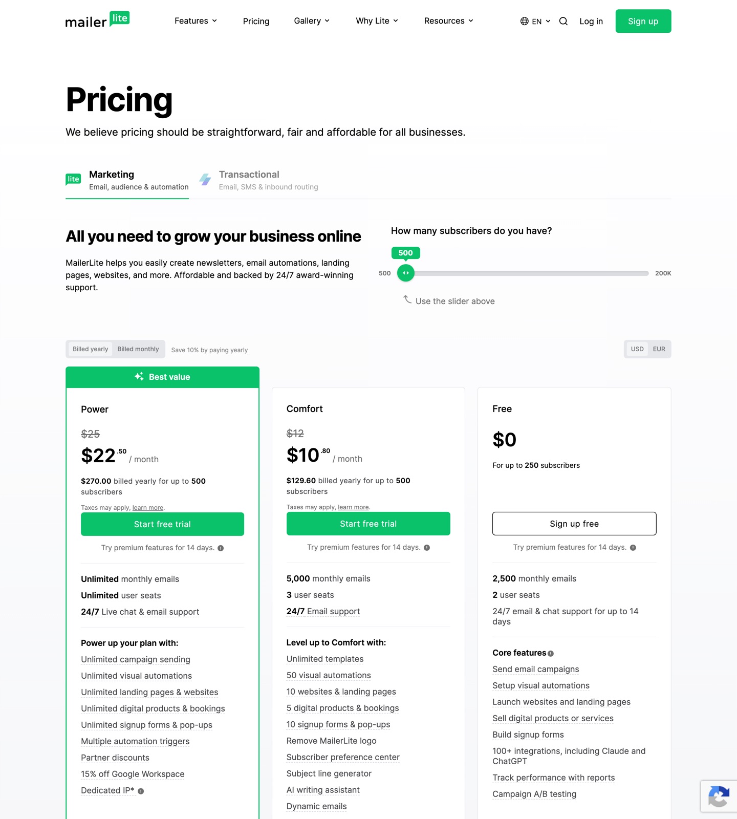 MailerLite pricing page