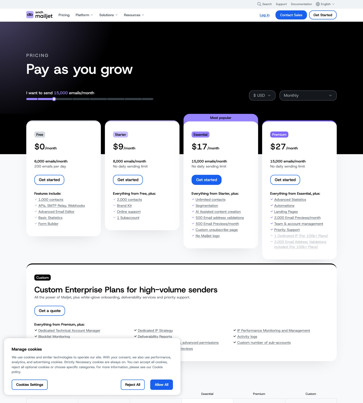 Mailjet pricing page