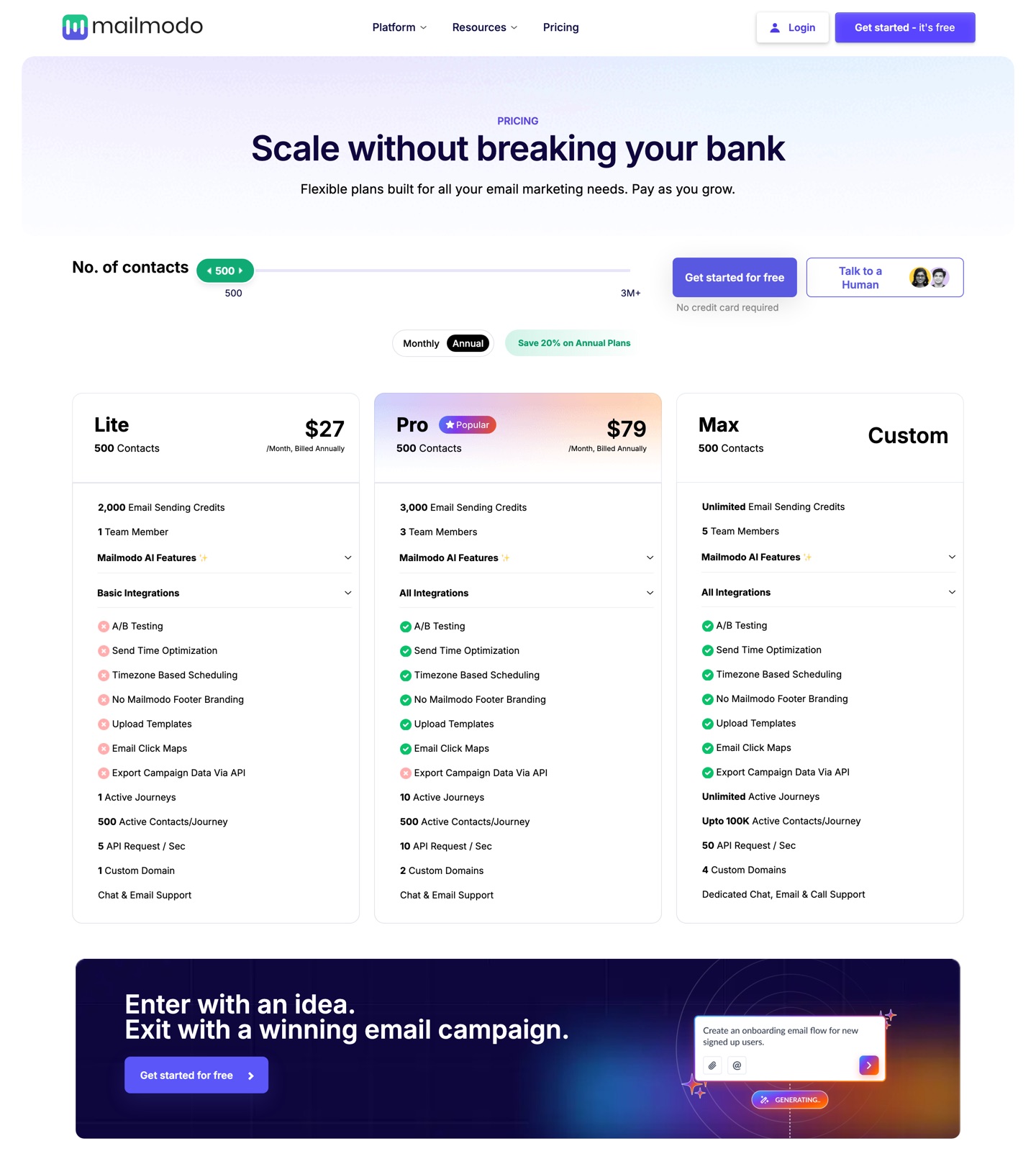 Mailmodo pricing page