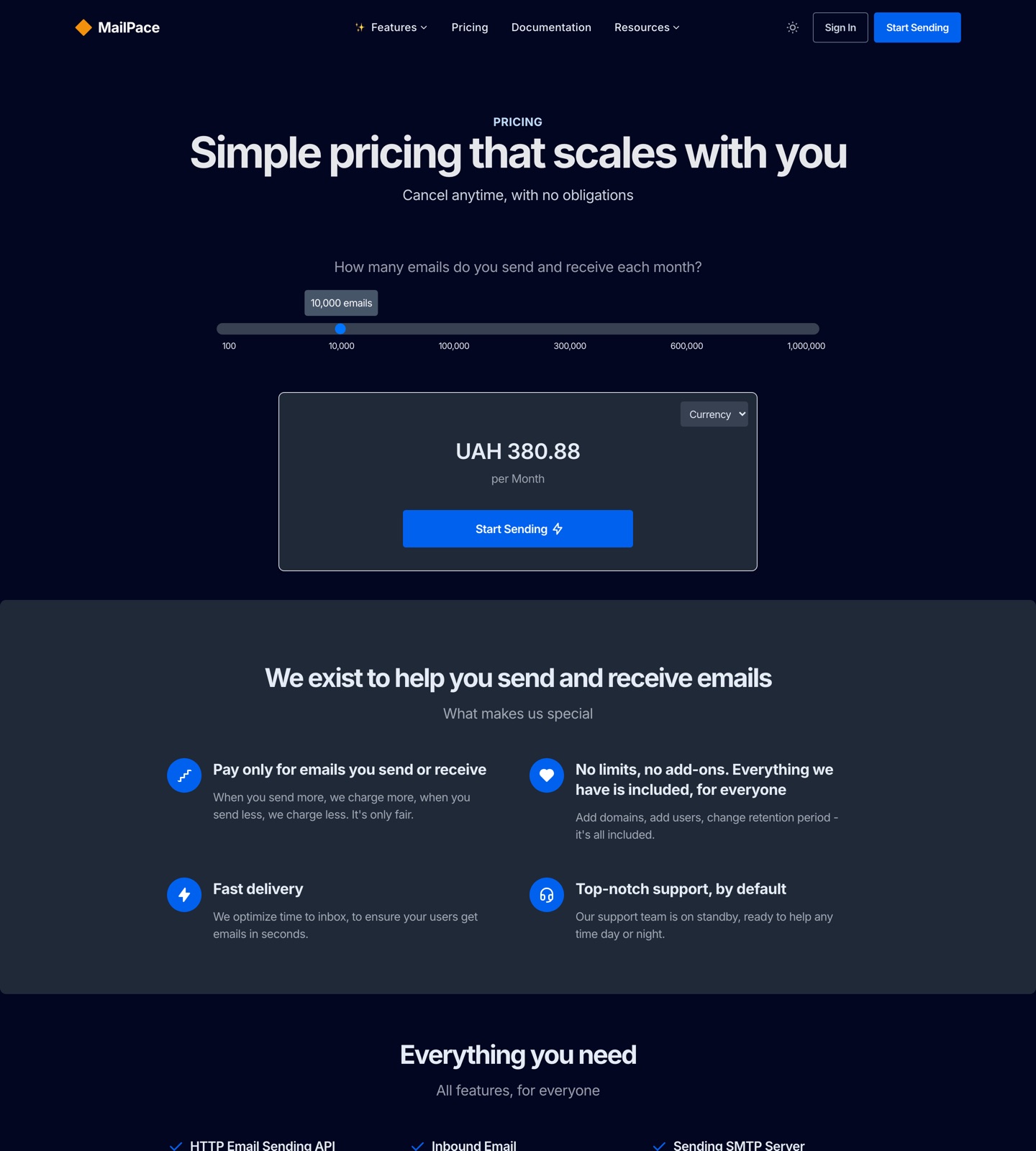 MailPace pricing page