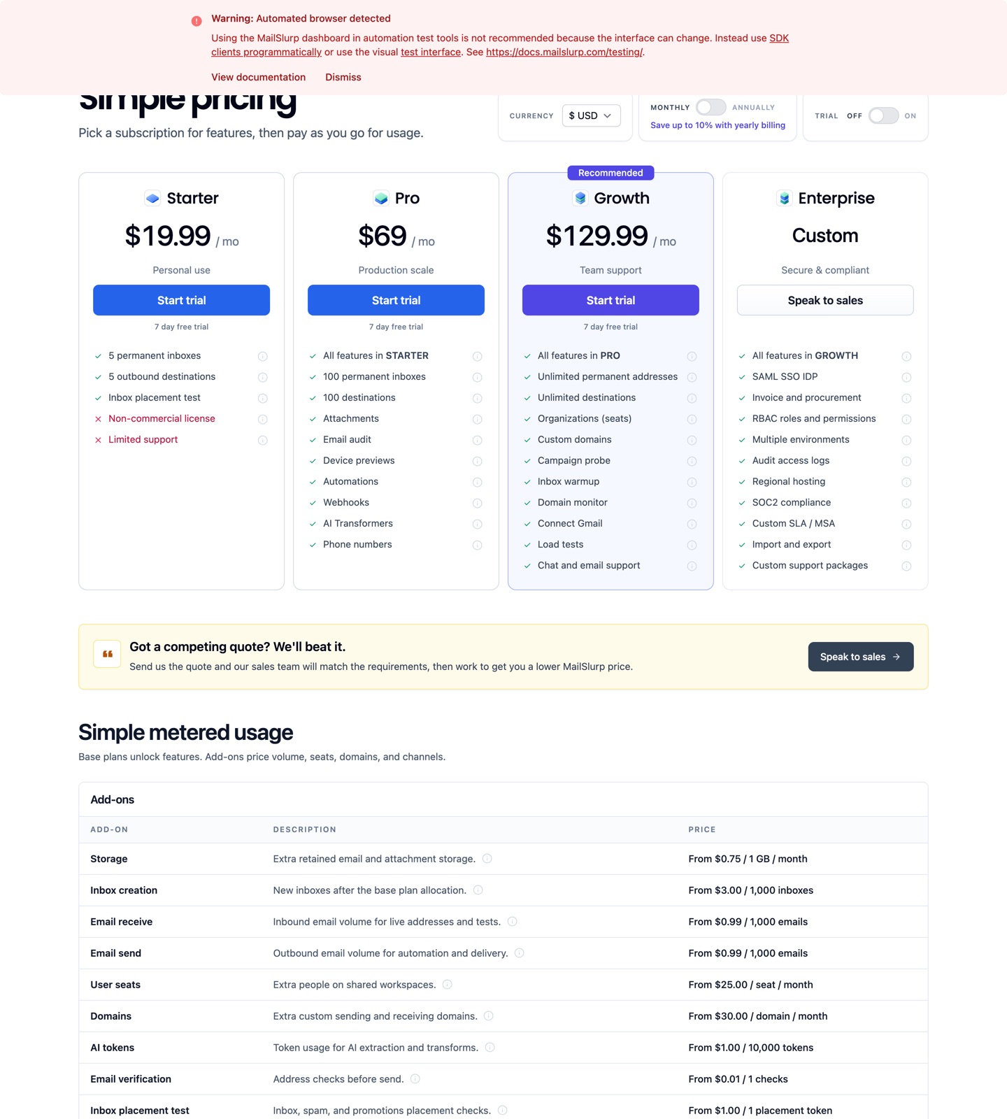 MailSlurp pricing page