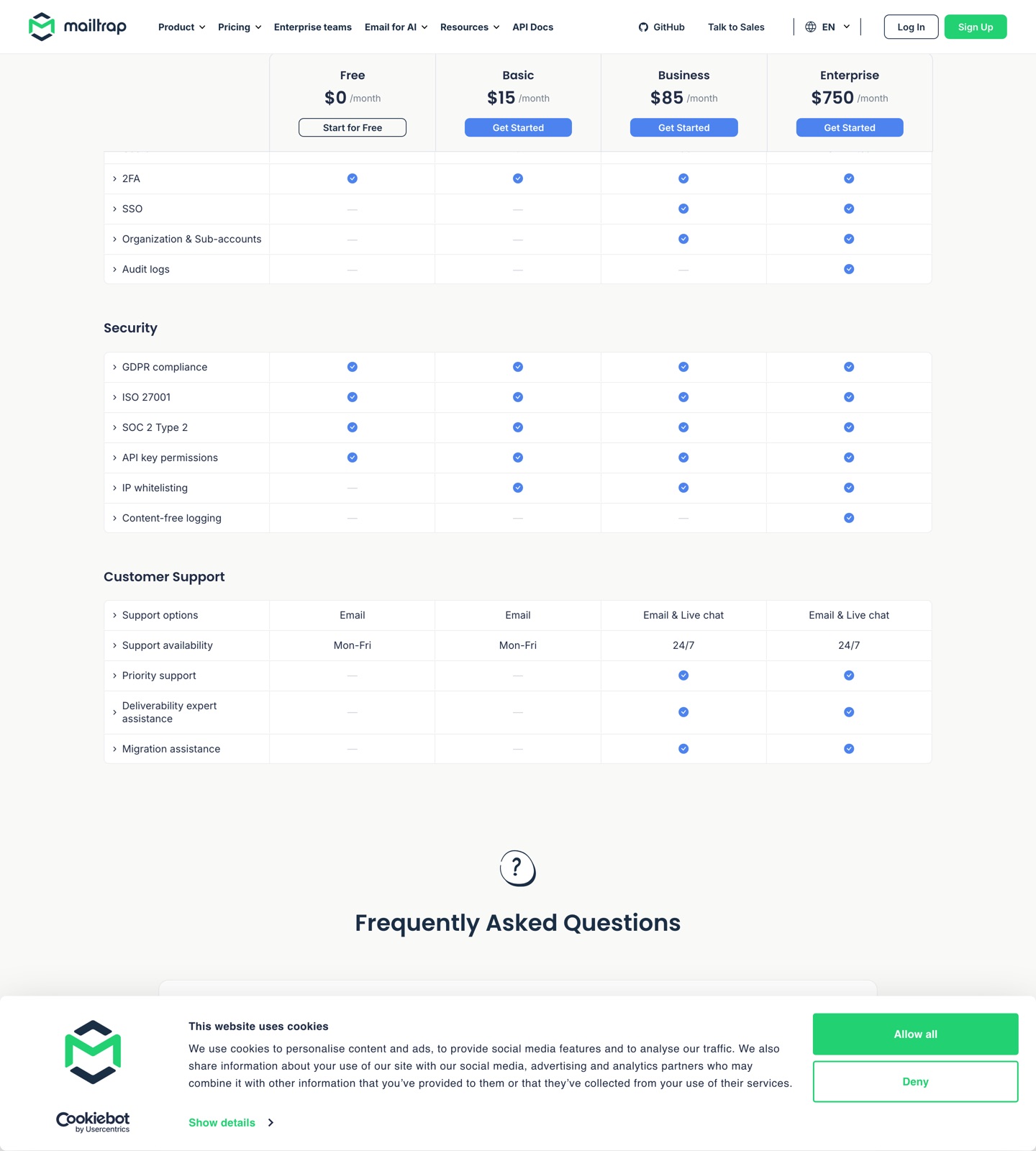 Mailtrap pricing page