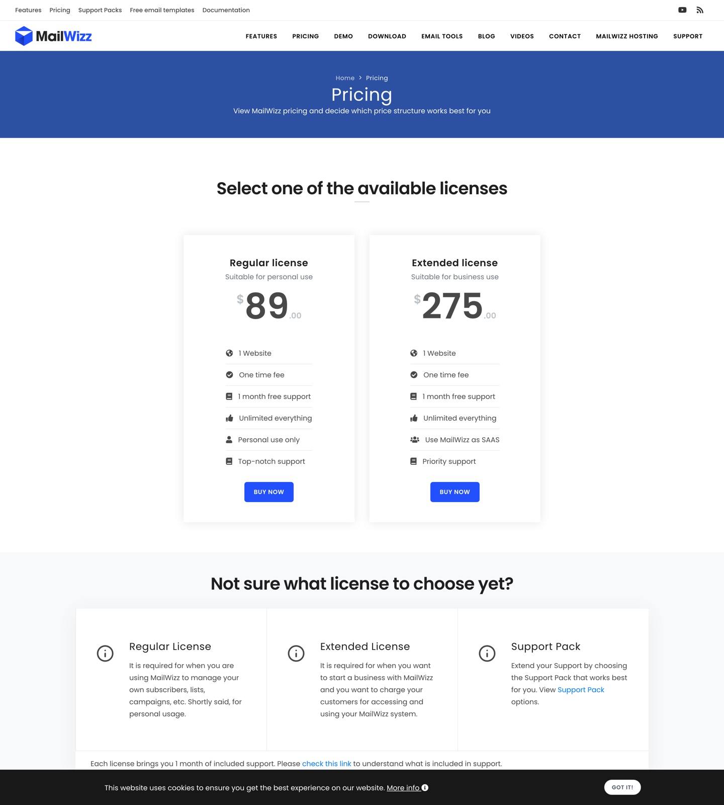 MailWizz pricing page