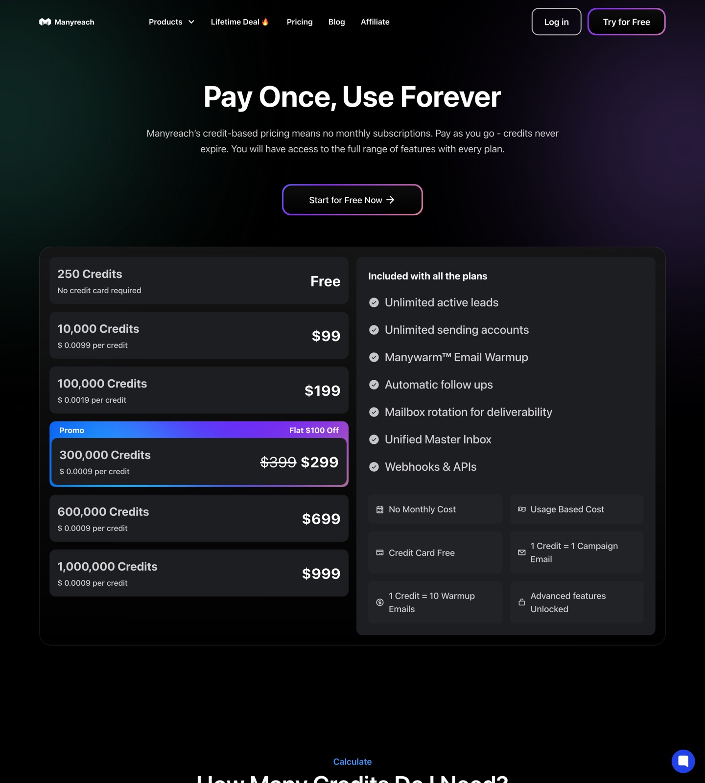Manyreach pricing page