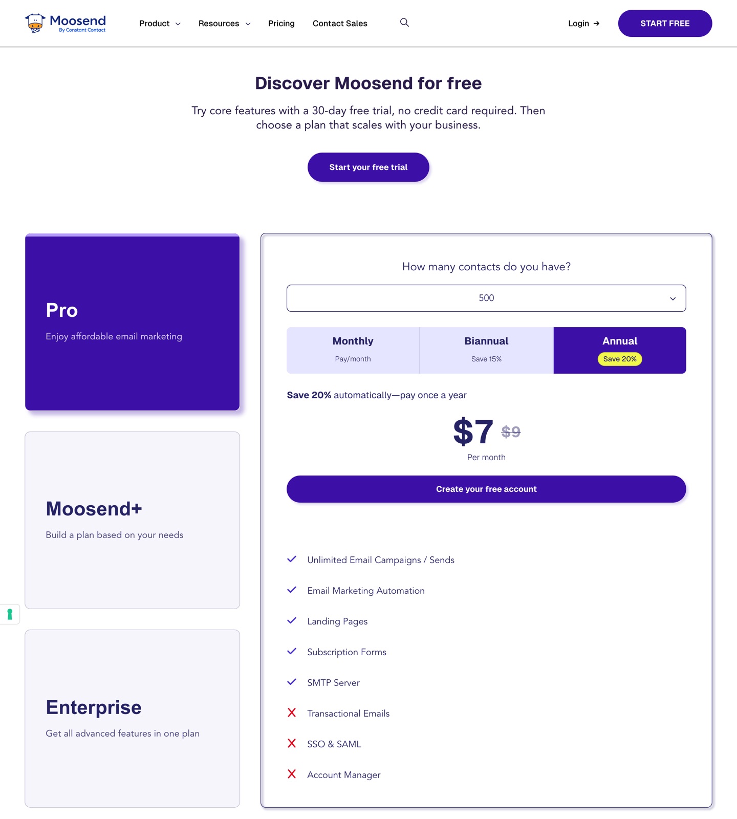 Moosend pricing page