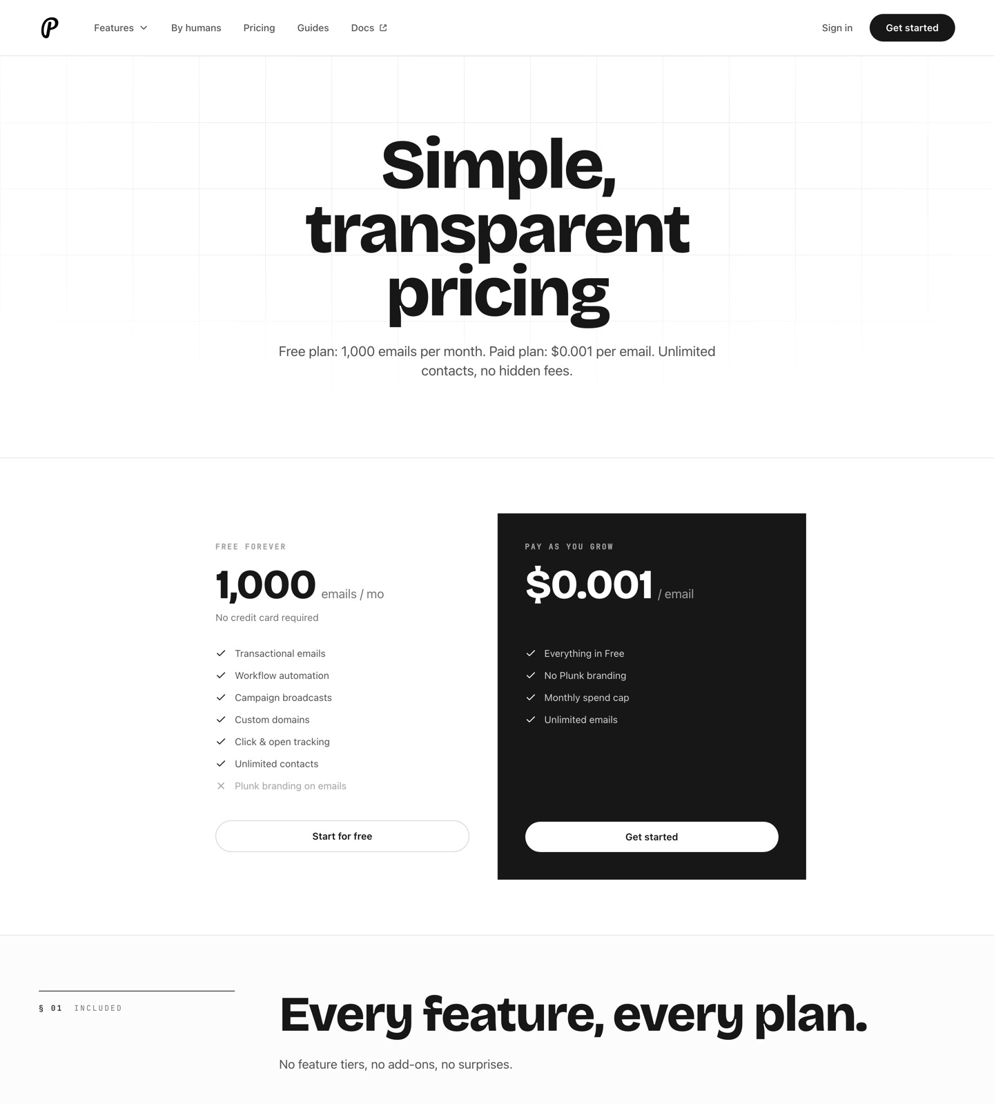 Plunk pricing page