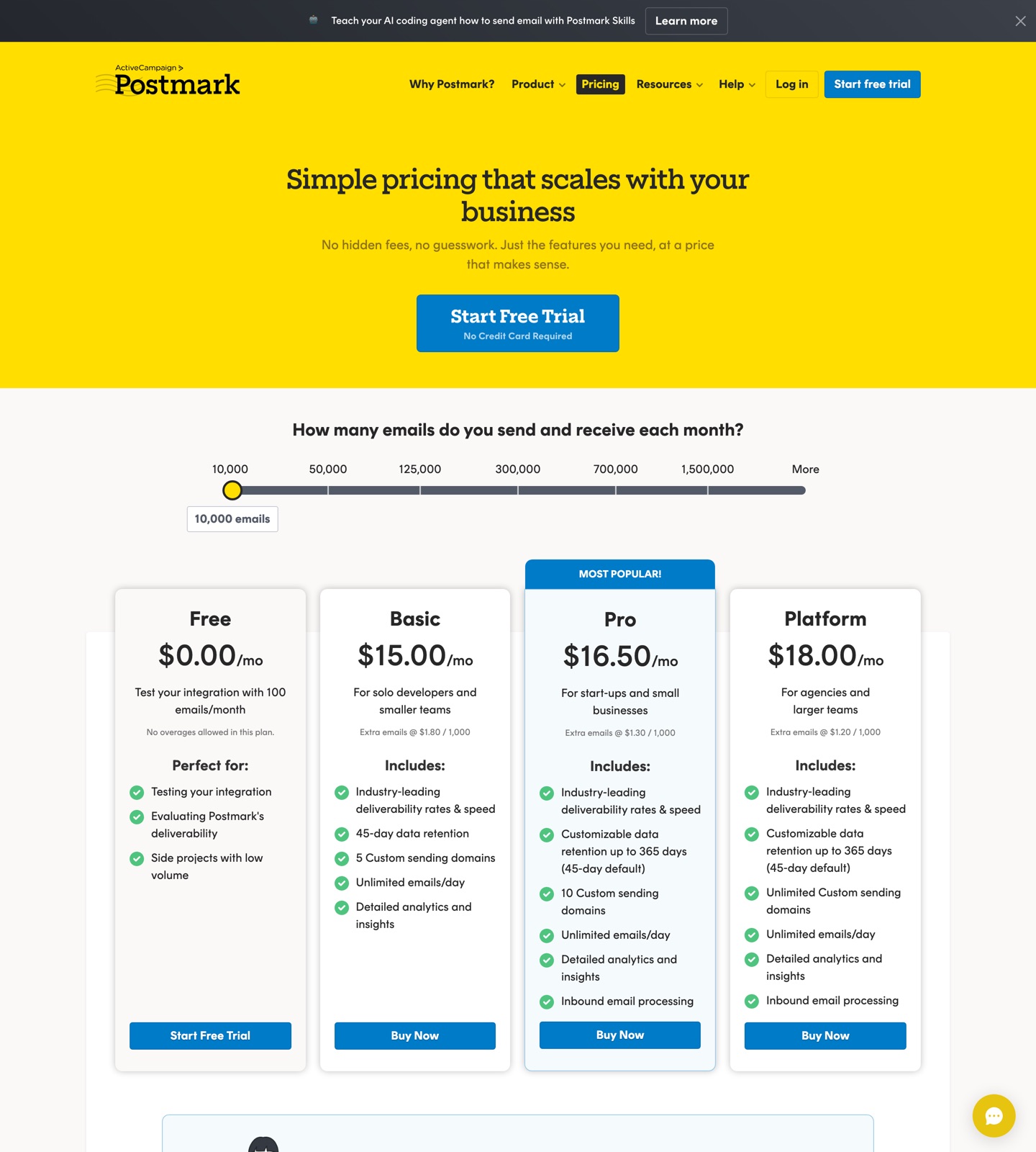 Postmark pricing page