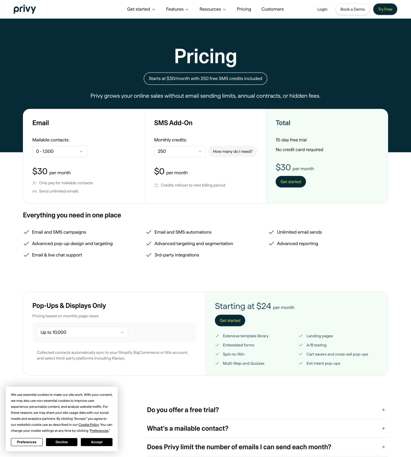 Privy pricing page