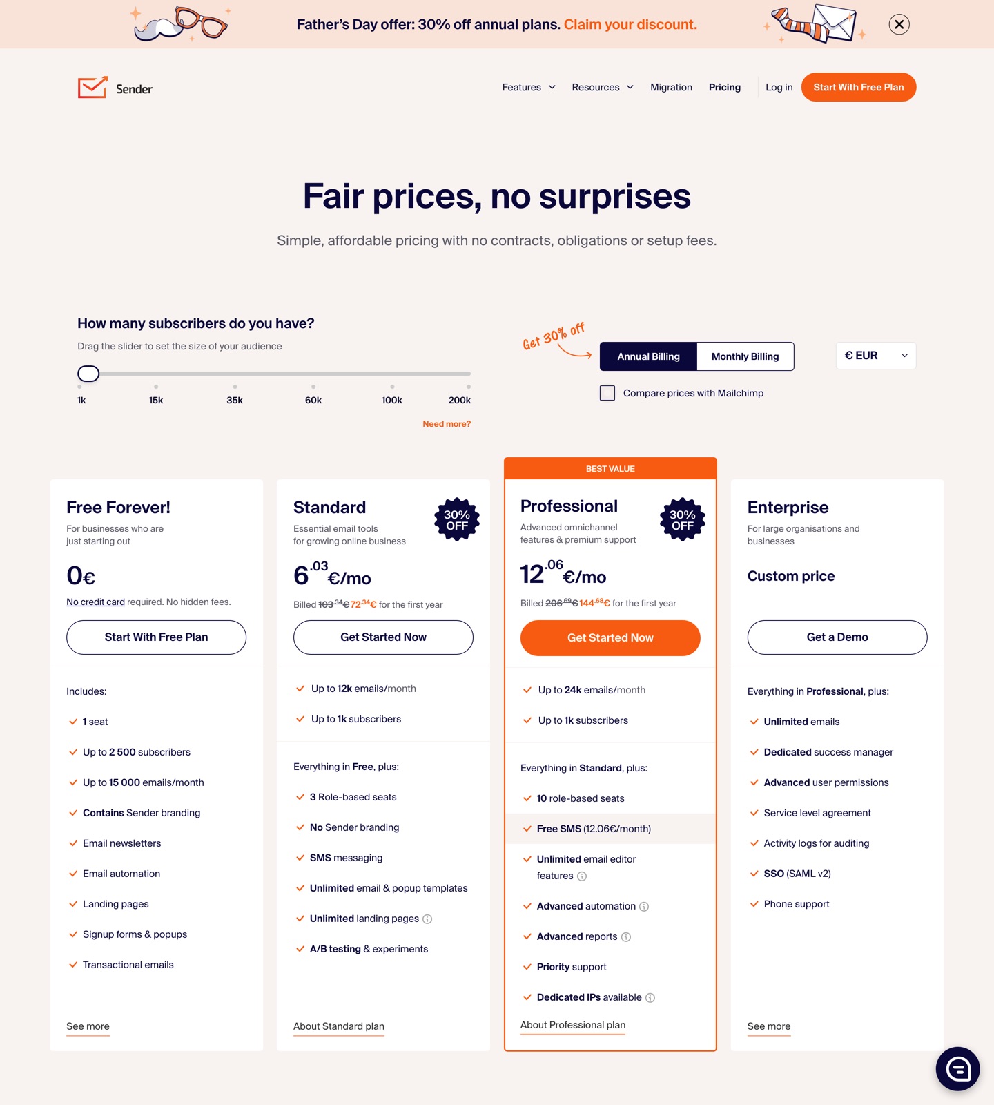 Sender pricing page