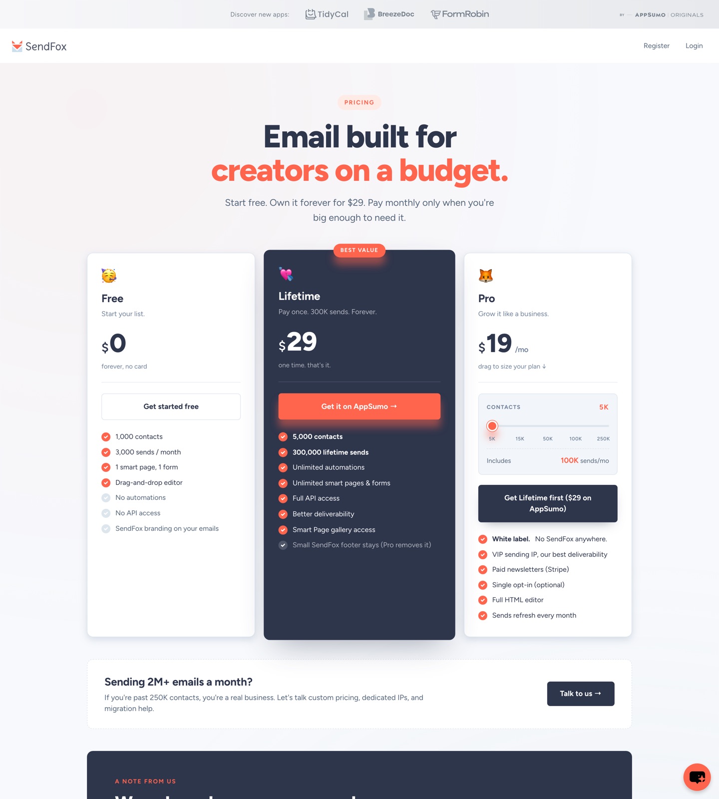 SendFox pricing page