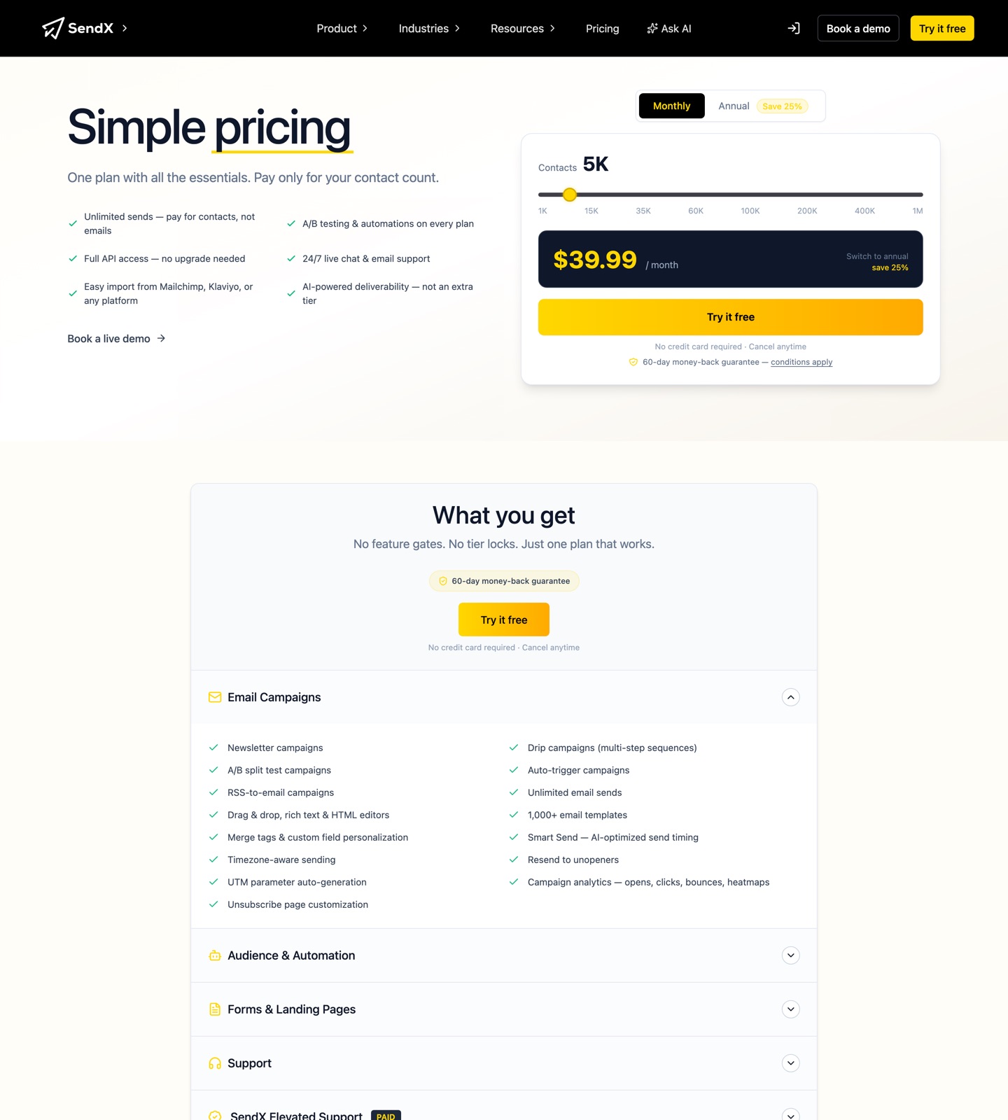 SendX pricing page