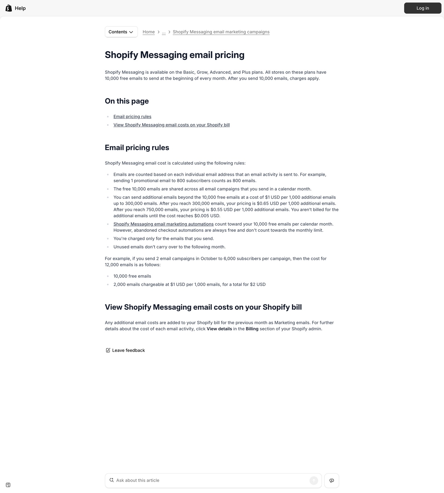 Shopify Email pricing page