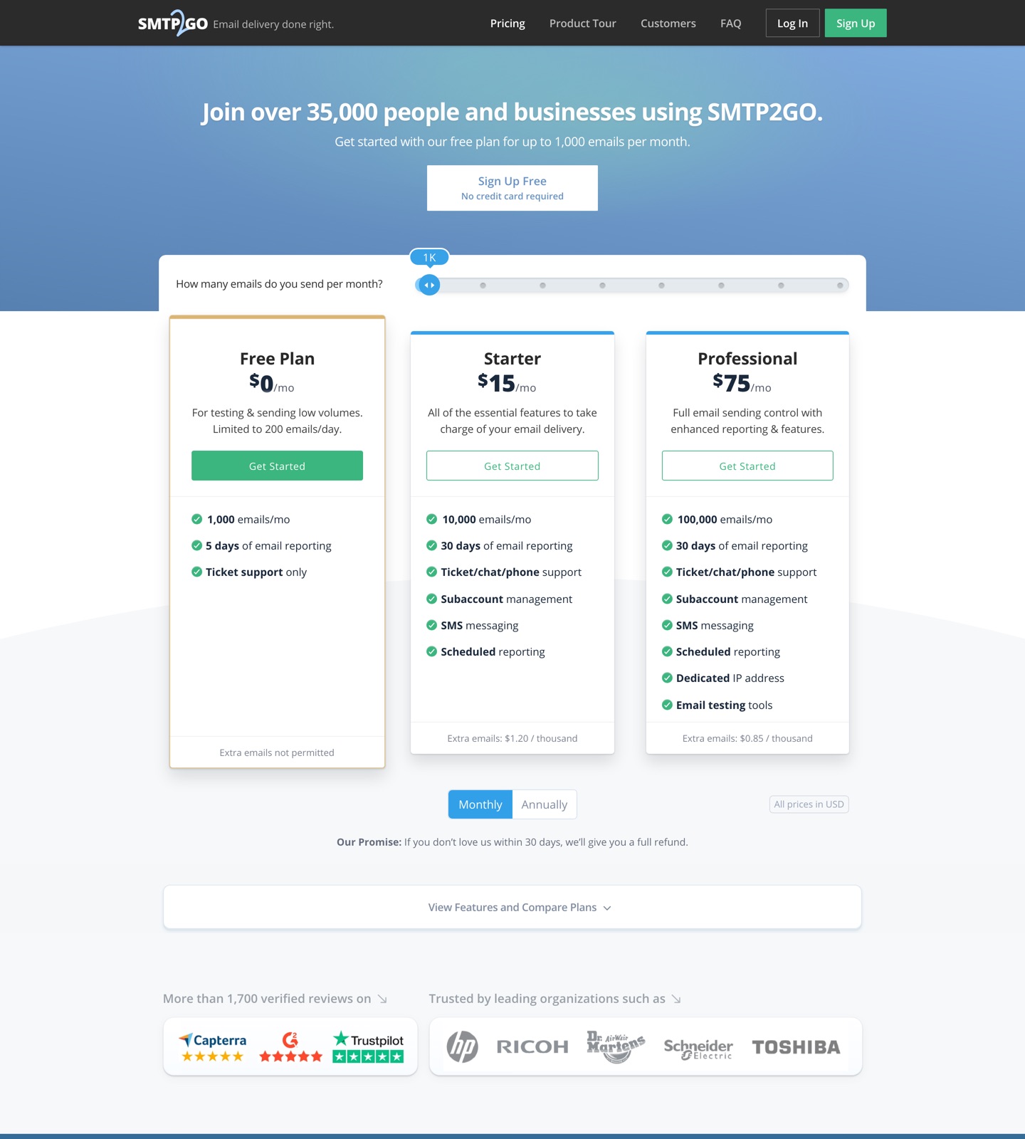 SMTP2GO pricing page