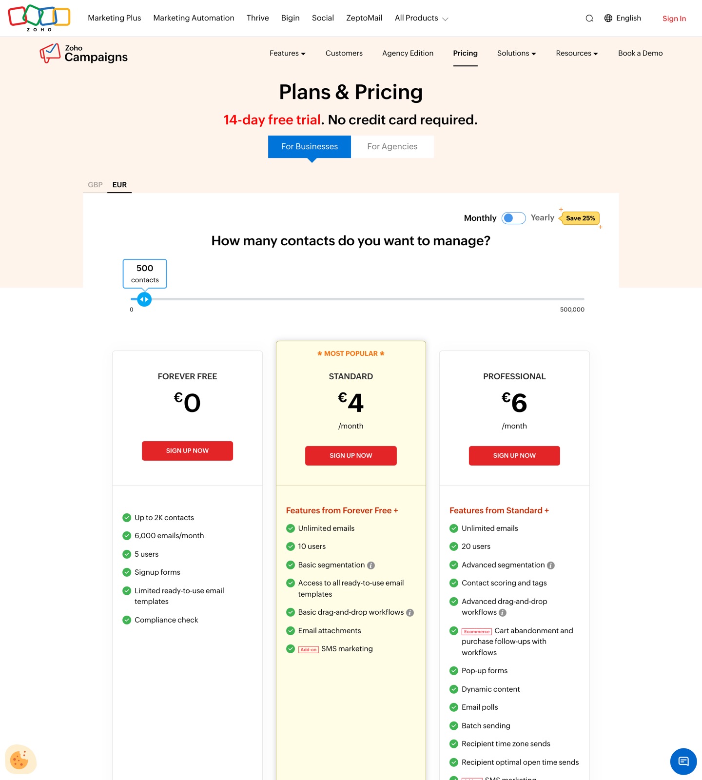 Zoho Campaigns pricing page